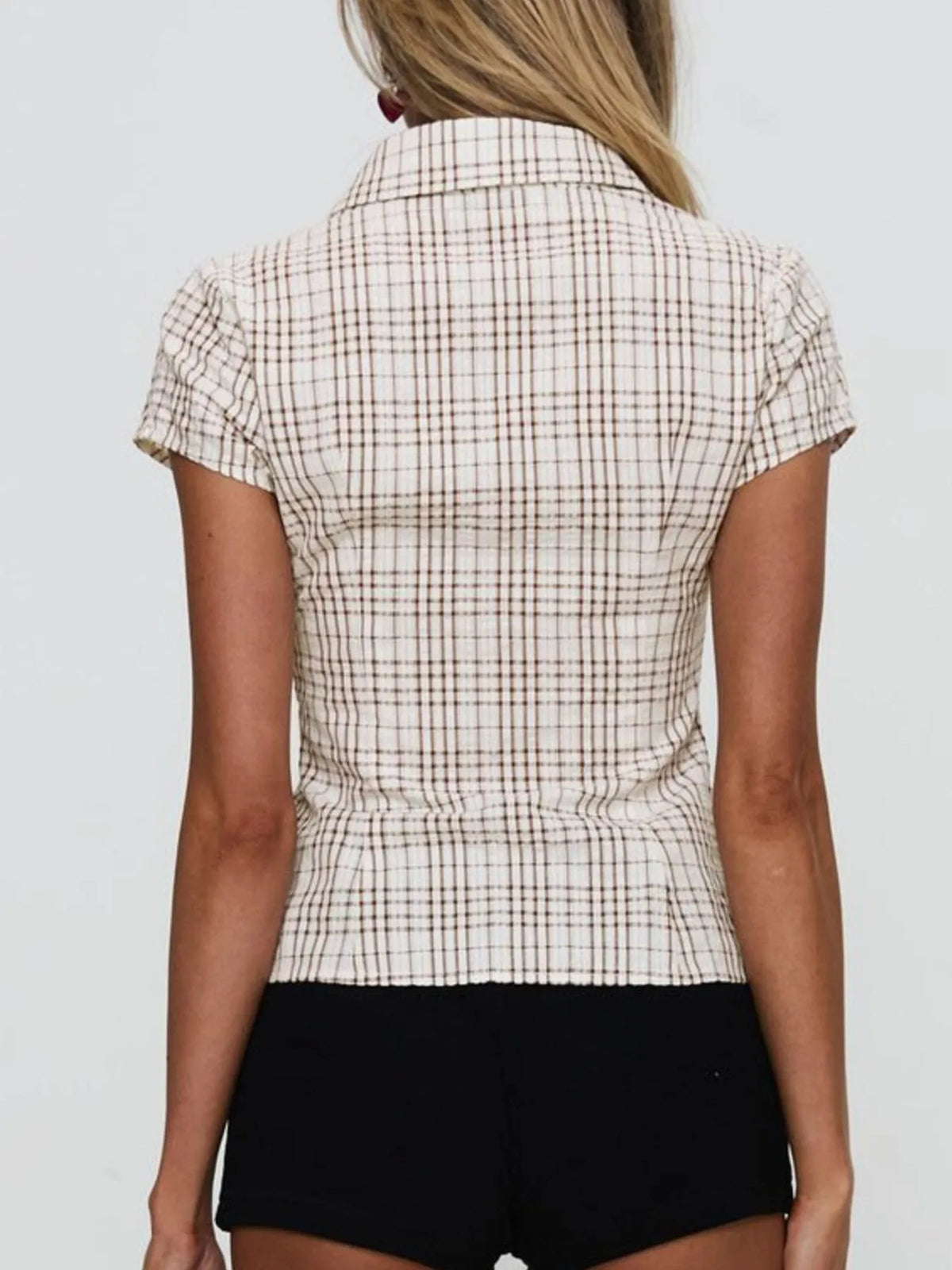 plaid short sleeve button-up shirt - front view
