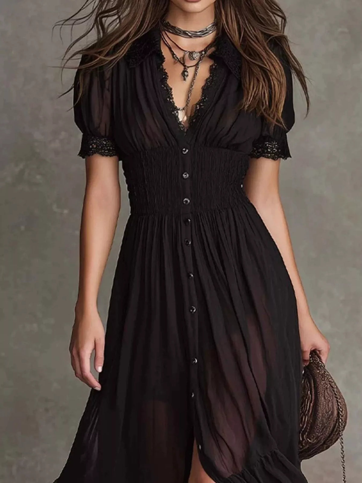 button-down midi dress with lace trim | dropsona - neutral - front view