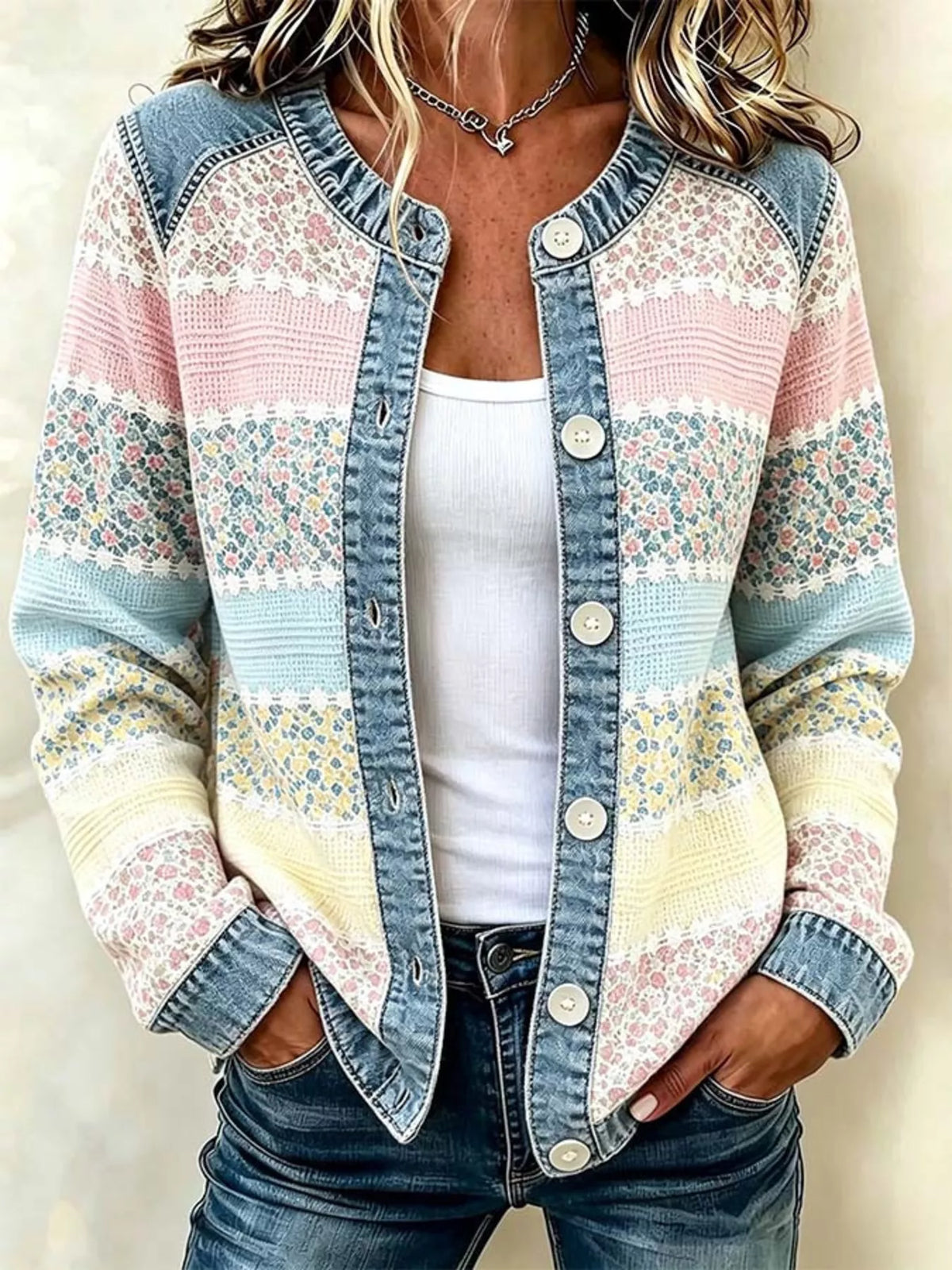 full size floral patchwork denim trim jacket plus | dropsona - neutral - everyday use