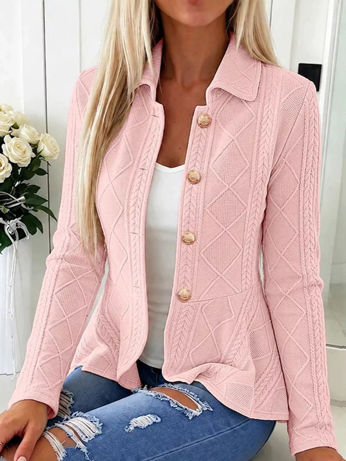 cable-knit button up cardigan | dropsona polyester 100% - neutral - everyday use