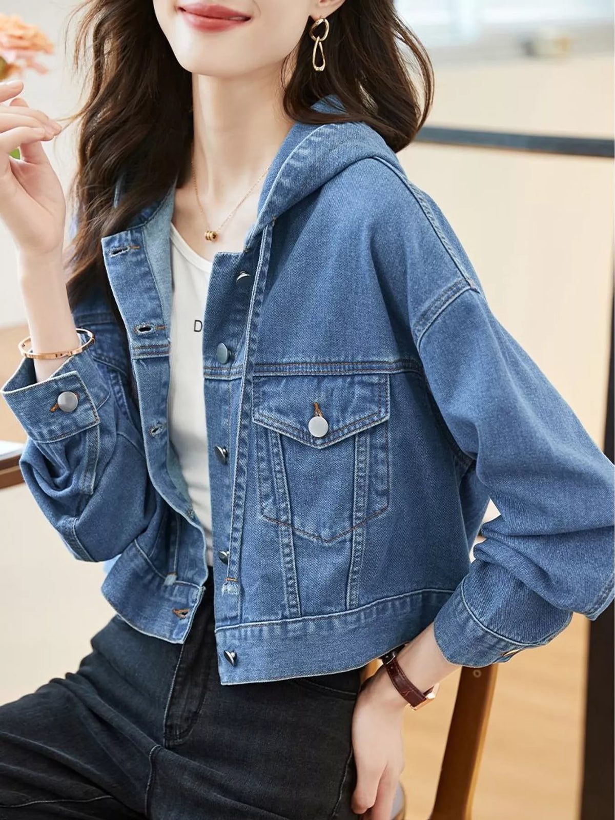 full size hooded cropped denim jacket plus | dropsona - neutral - front view