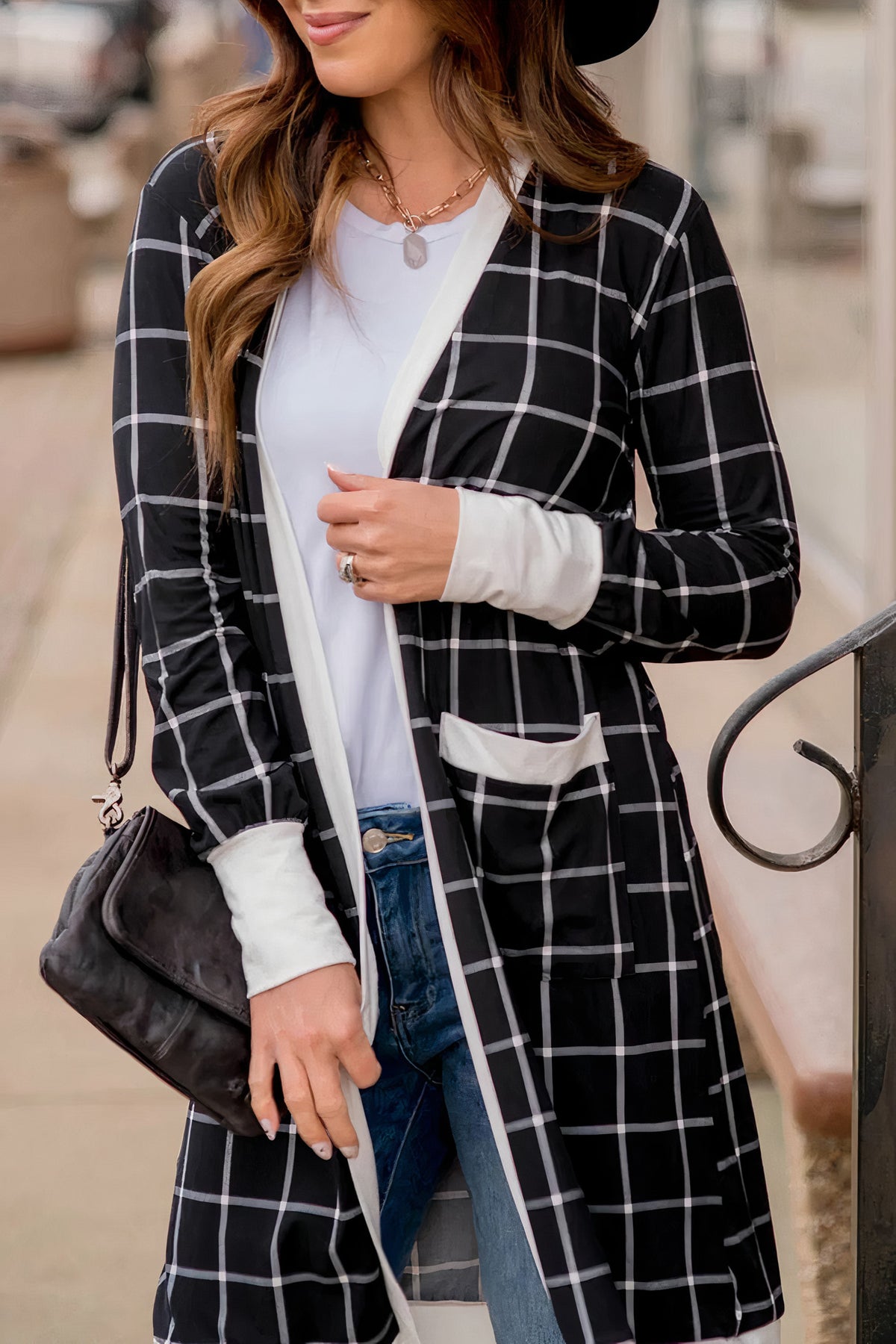 plaid open front long sleeve cover up - everyday wear