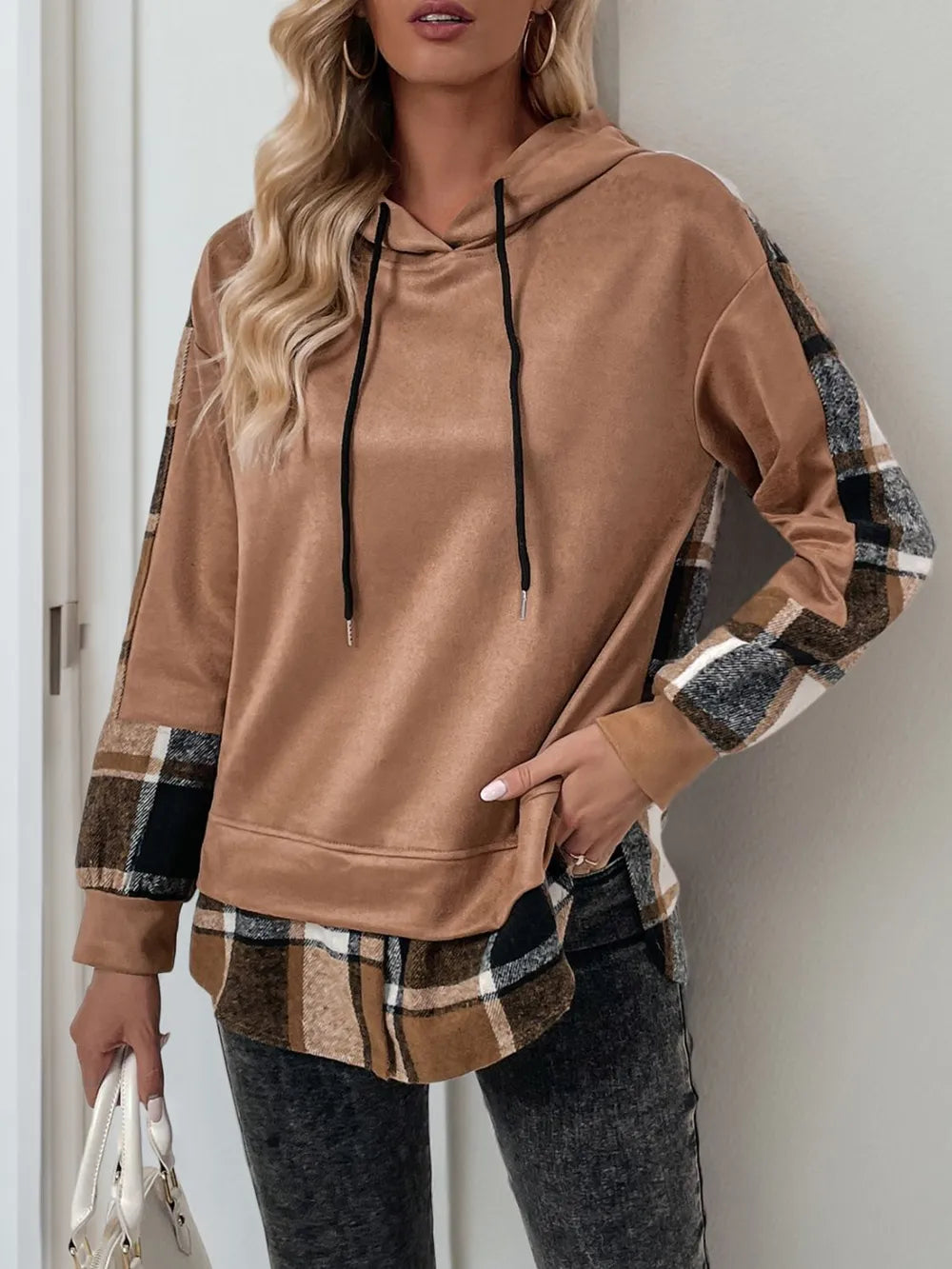 perfee drawstring slit plaid long sleeve hoodie | dropsona - neutral - everyday use
