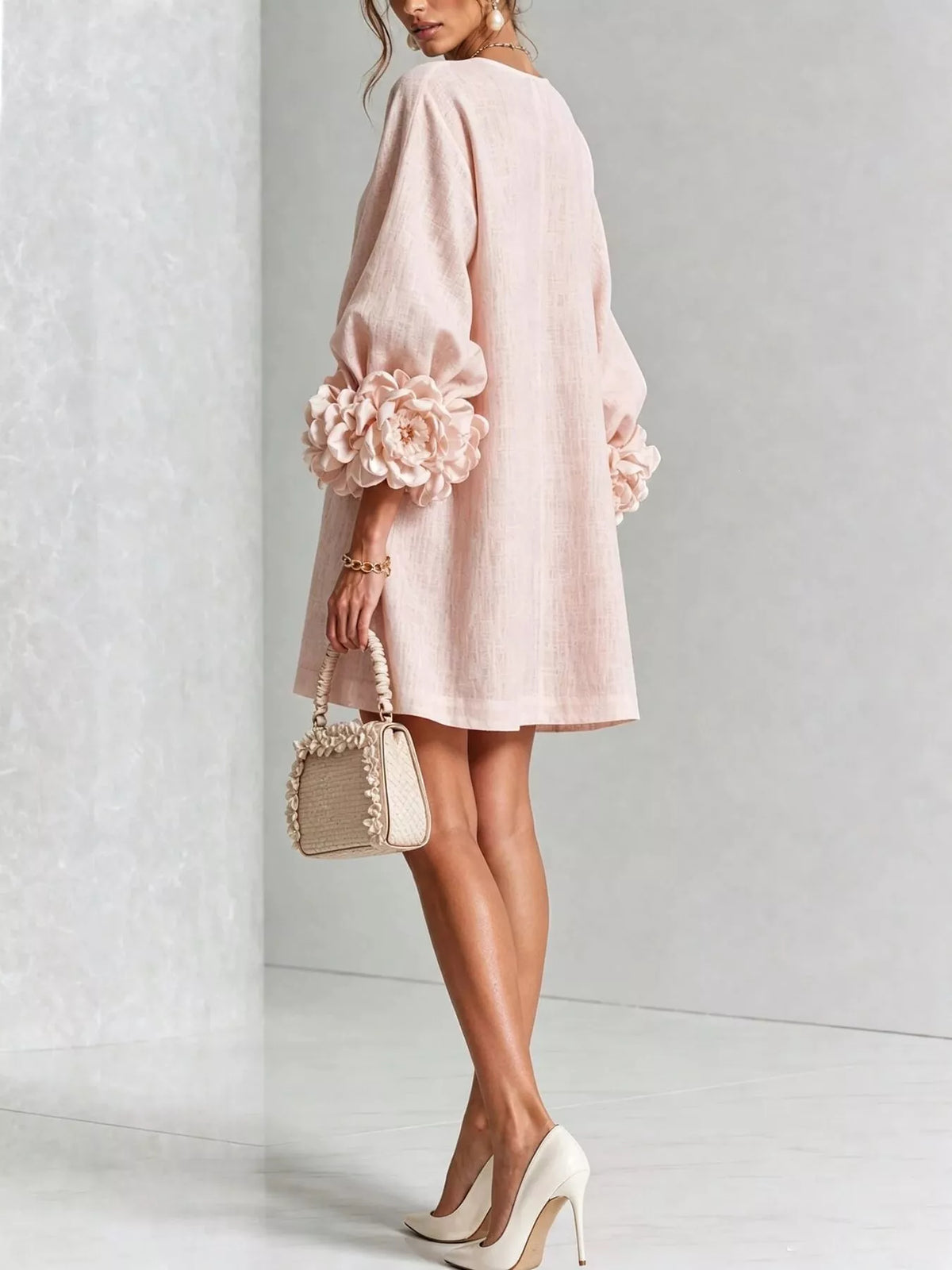 full size 3d floral sleeve round neck dress plus | dropsona - neutral - front view