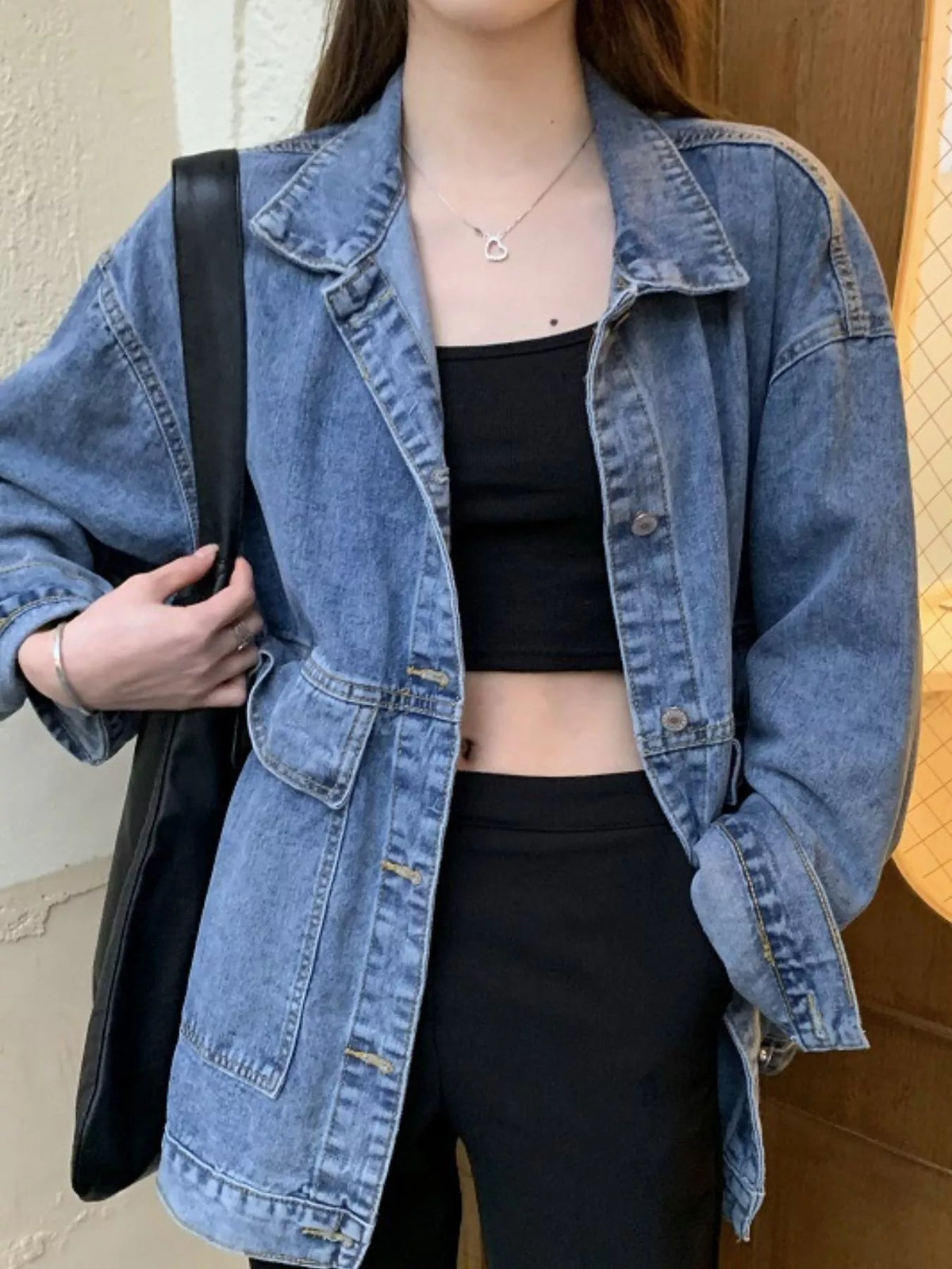 oversized wash denim jacket with utility pockets | dropsona - neutral - front view