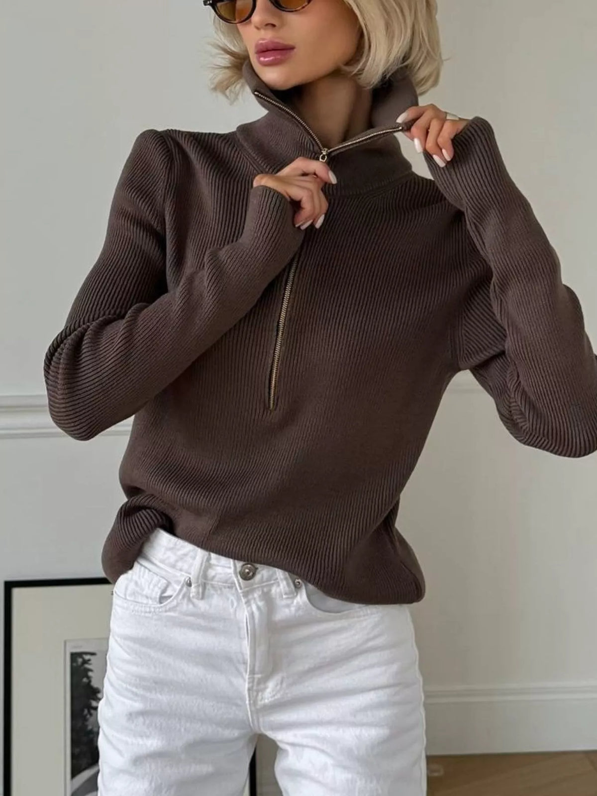 ribbed knit quarter-zip sweater – zipper | dropsona - neutral - front view