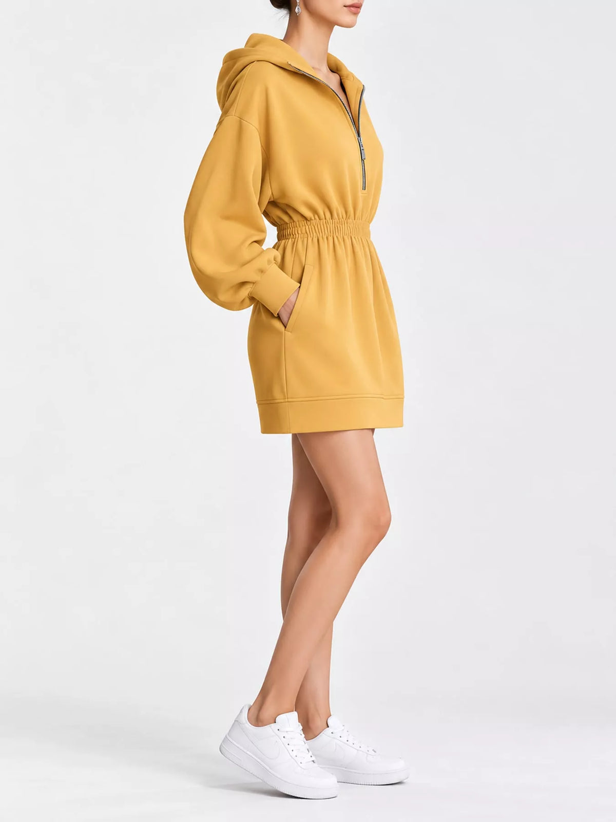 half-zip hooded sweatshirt dress – zipper,pocketed fit | dropsona - neutral - front view