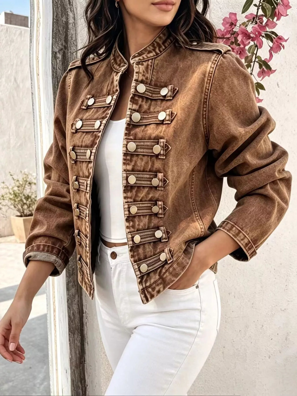 vintage open front denim jacket with decor buttoned - front view