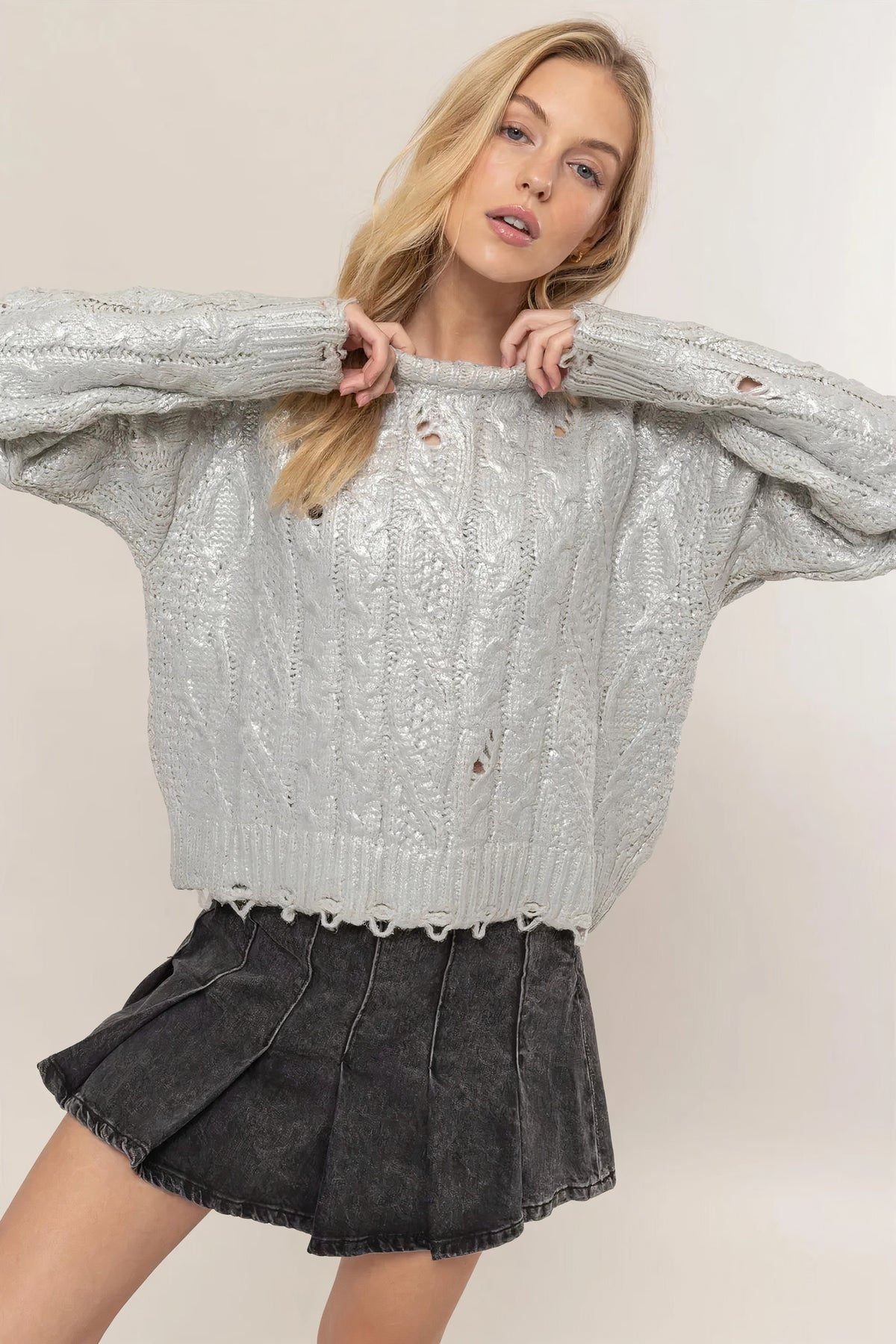hyfve distressed cable-knit round neck long sleeve sweater - everyday wear