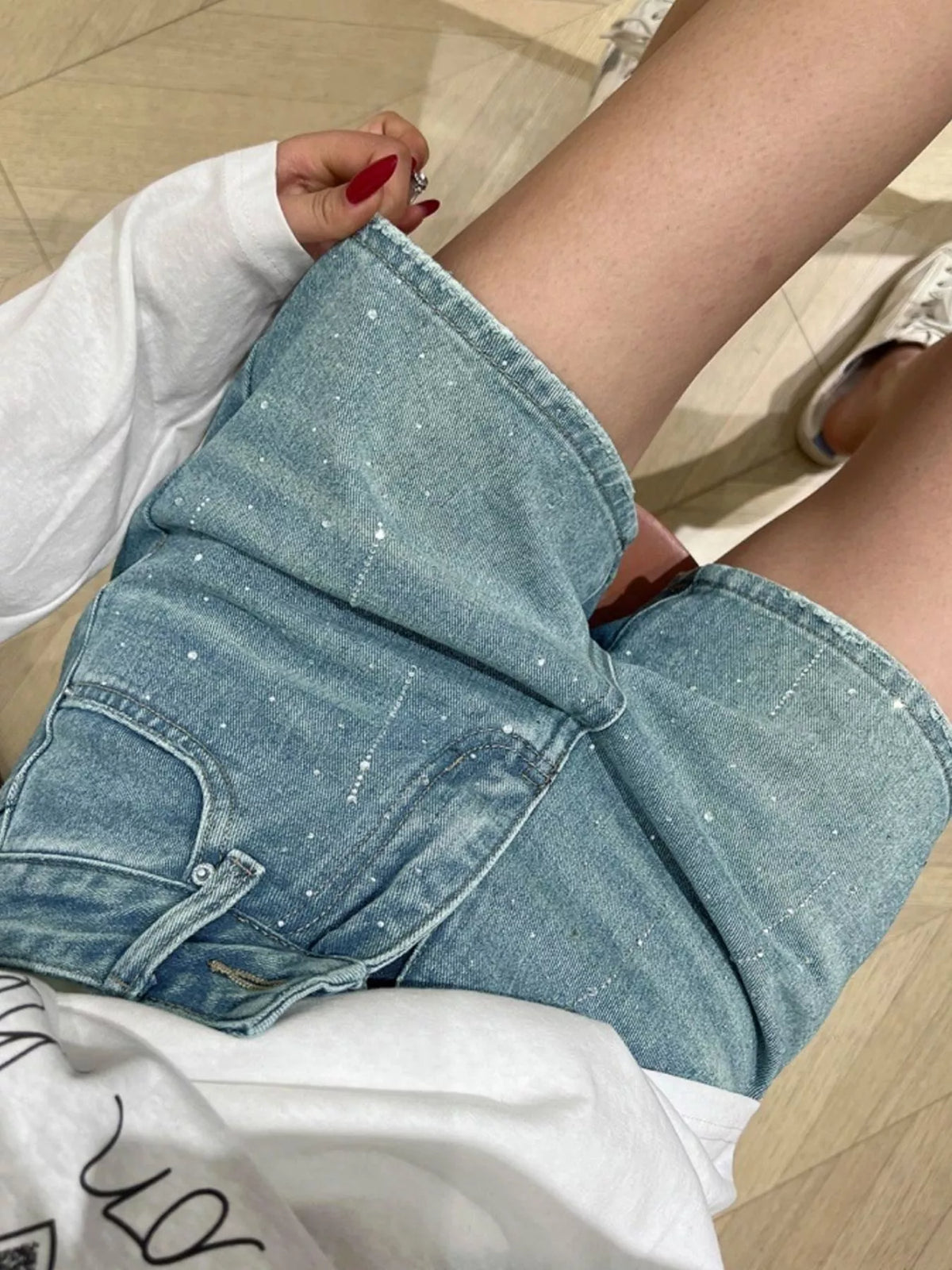 full size light wash paint splatter denim shorts plus | dropsona - neutral - everyday use