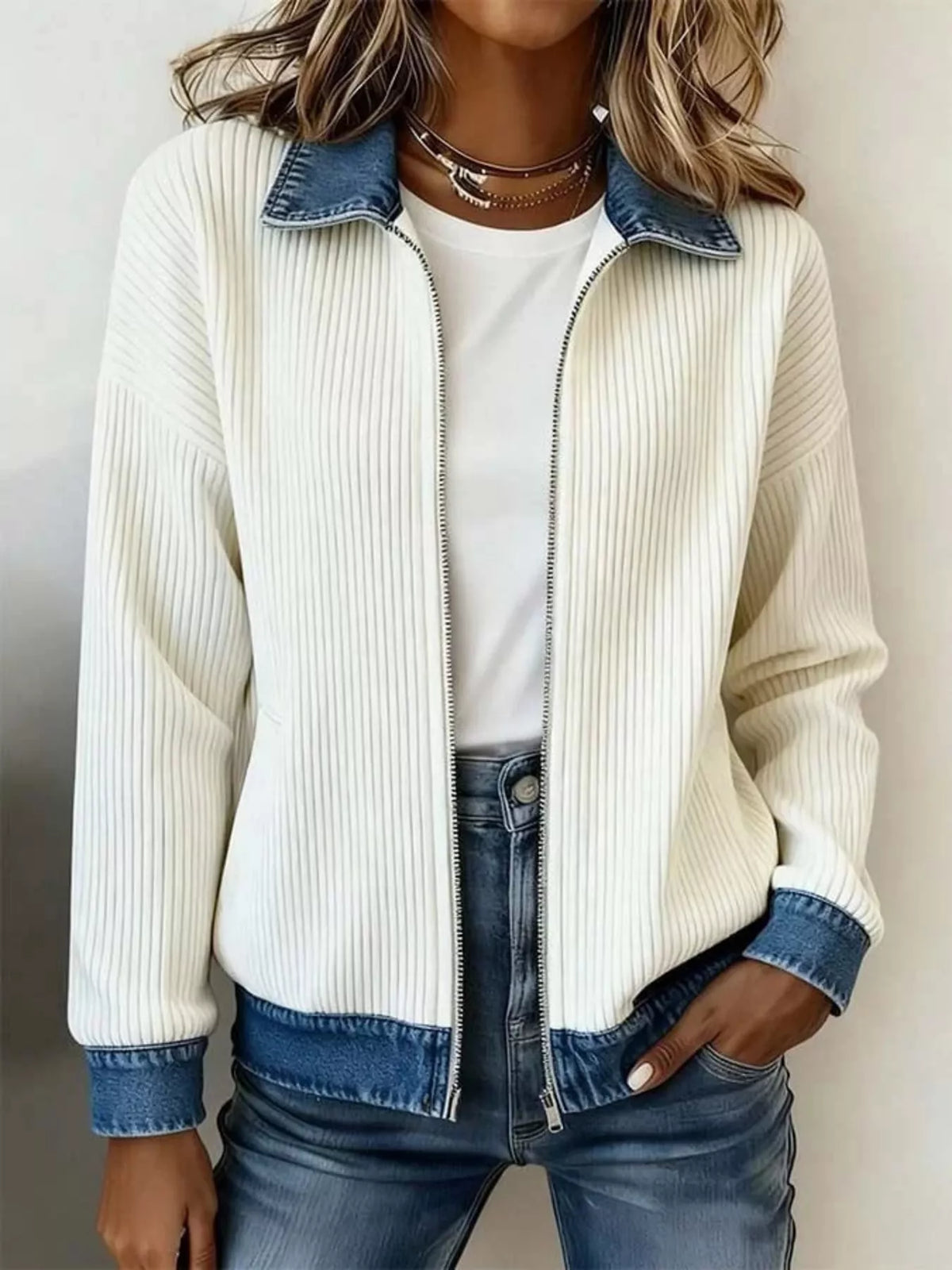 contrast denim collar ribbed knit jacket – zipper | dropsona - neutral - everyday use
