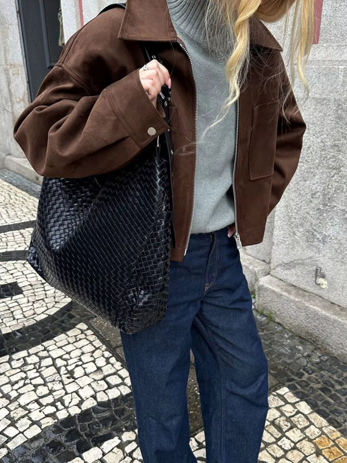 suede utility jacket with front pockets | dropsona - neutral - front view