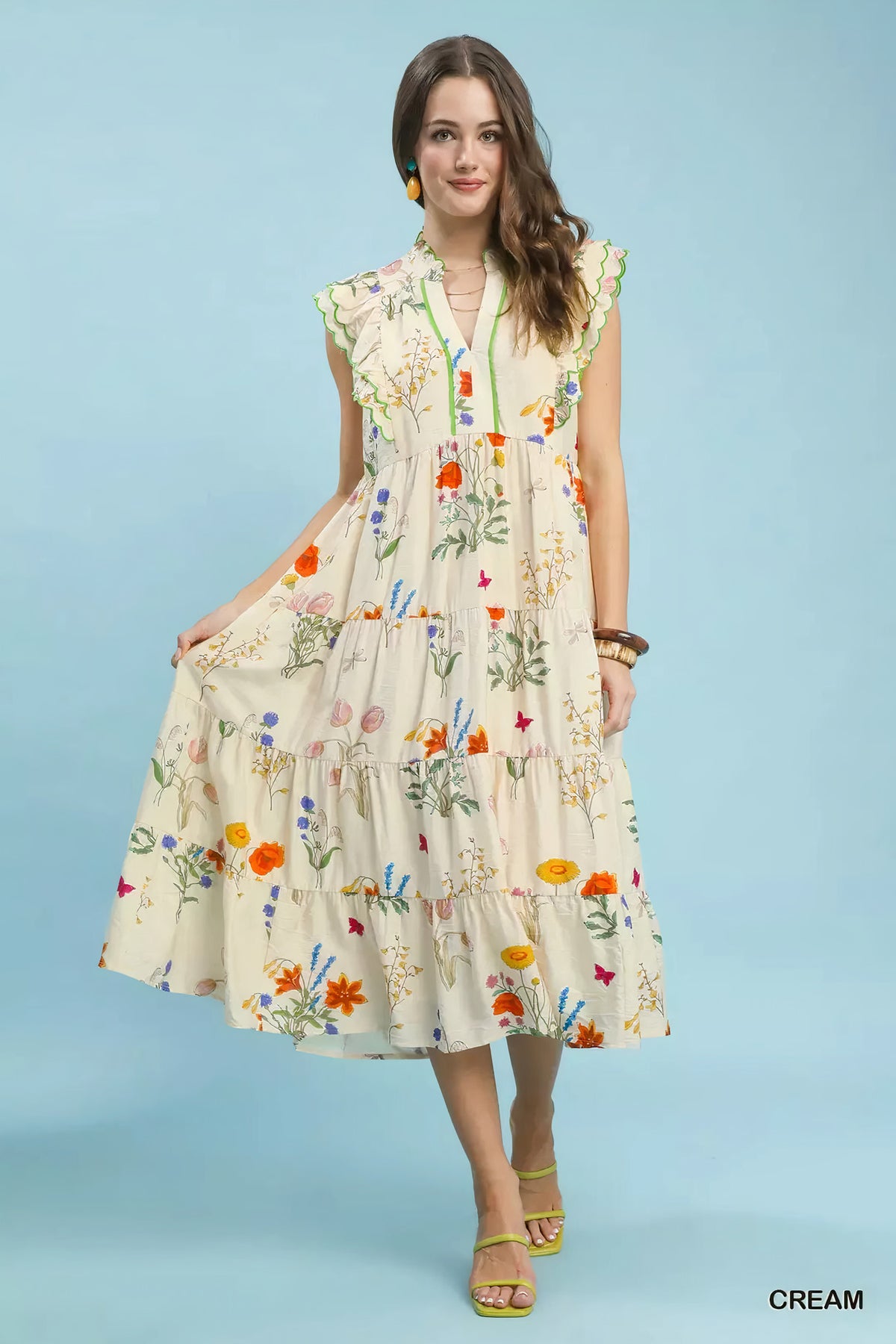 umgee floral ruffle tiered midi dress with scalloped detail - everyday wear