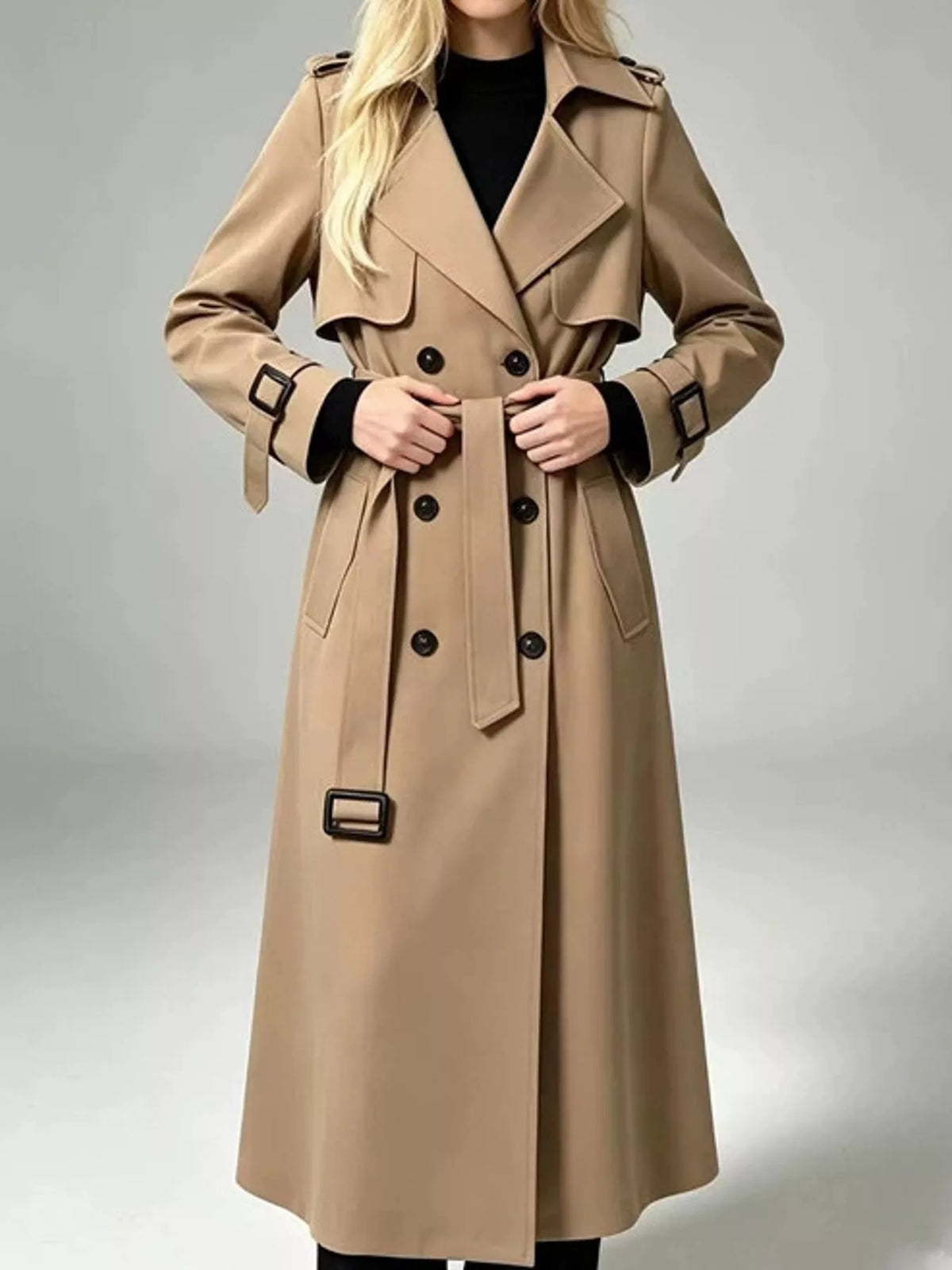 full size double-breasted coat with belted waist plus | dropsona - neutral - everyday use