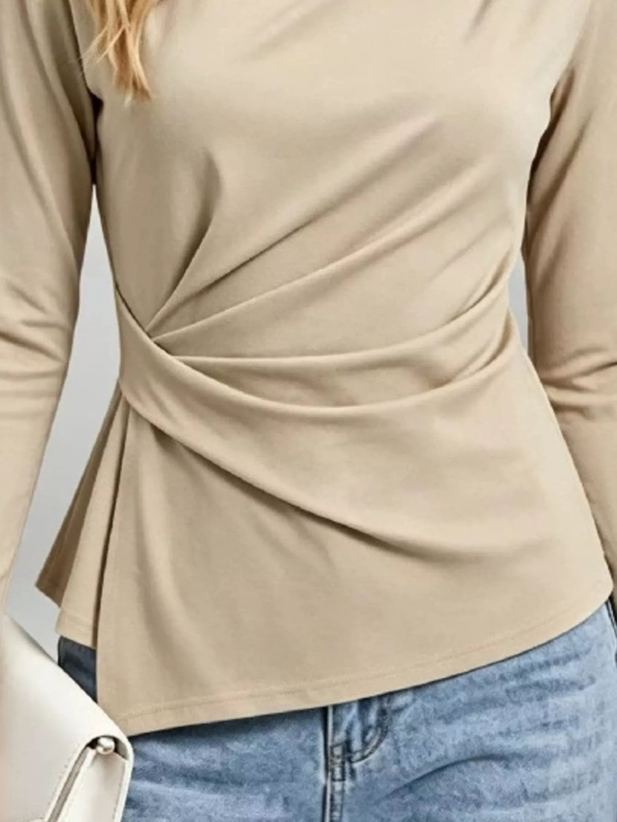 ruched waist long sleeve t-shirt – ruched,asymmetrical | dropsona - neutral - front view