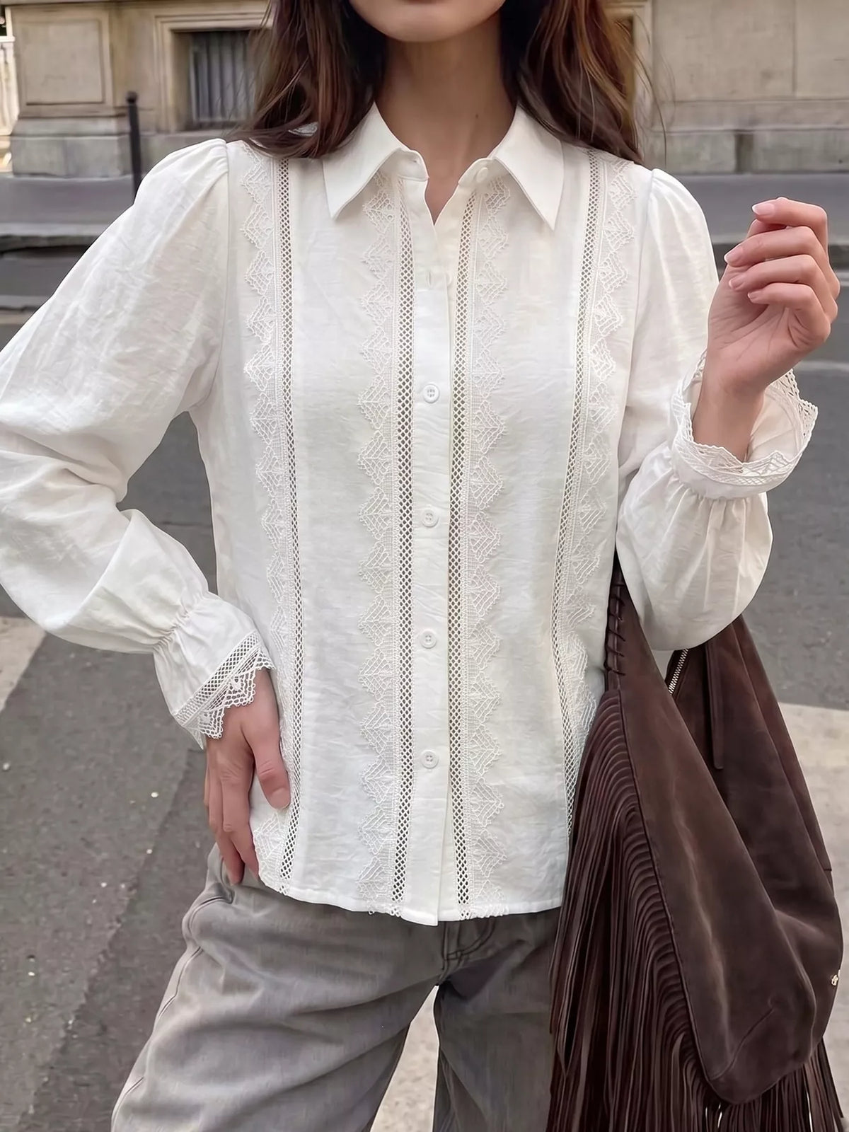 lace-trimmed button-down shirt – buttoned,lace detail | dropsona - neutral - front view