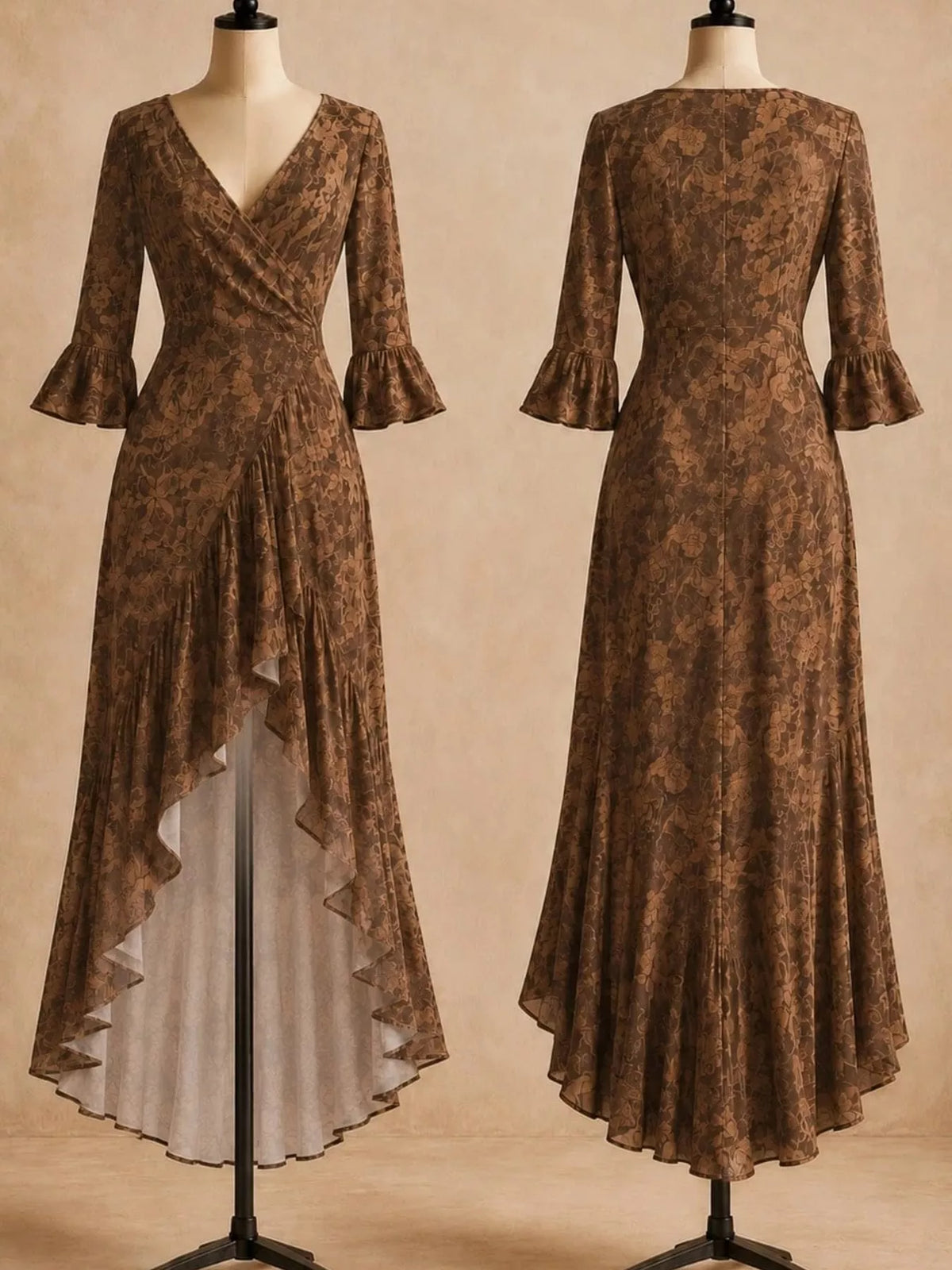 high-low ruffled maxi dress | dropsona - neutral - front view