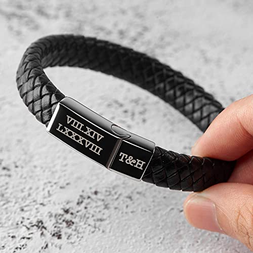 roman numerals engraved mens bracelet, woven braided l | dropsona - neutral - close-up detail