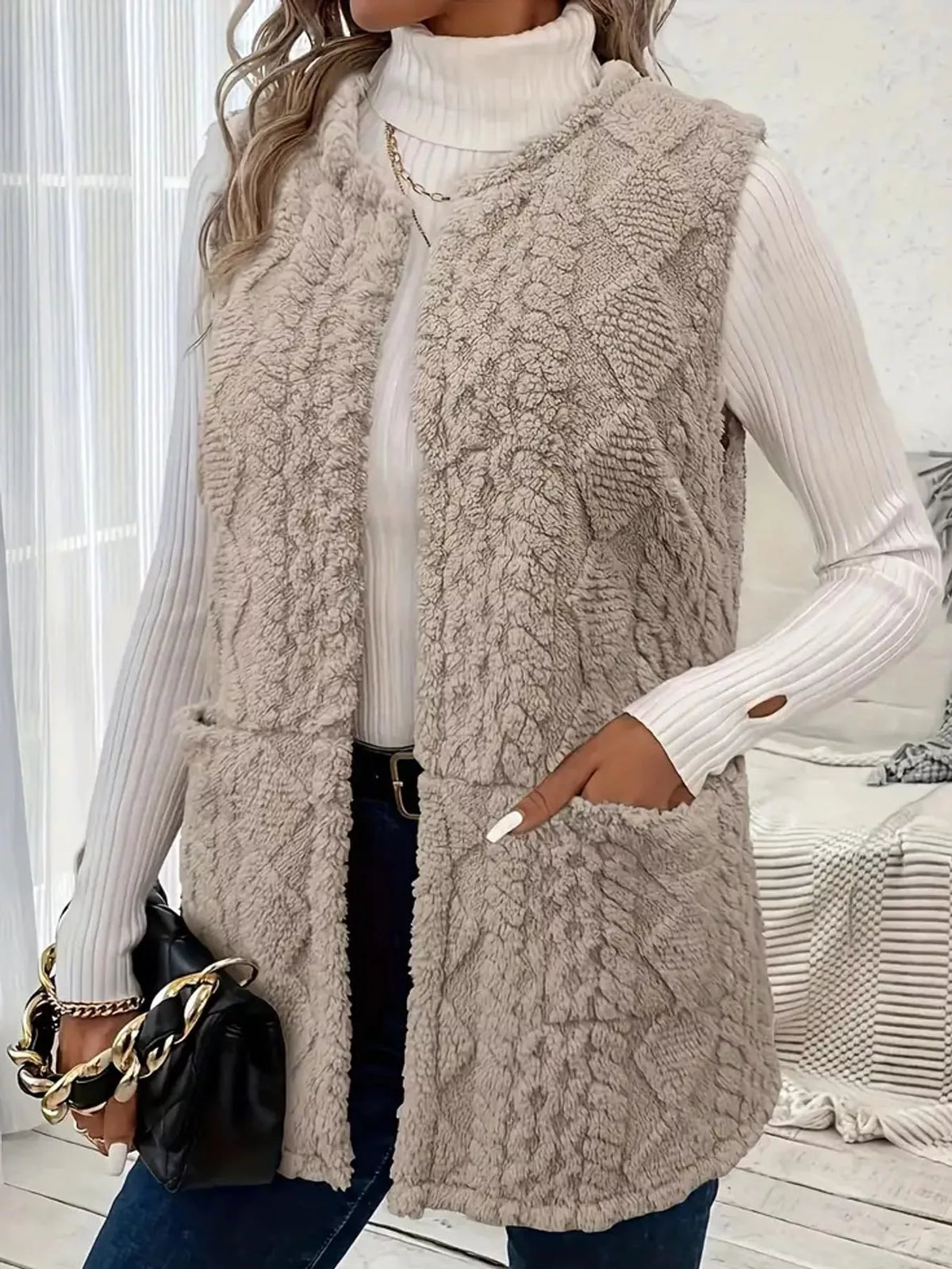 sherpa open front vest coat – pocketed,thermal closure | dropsona - neutral - front view