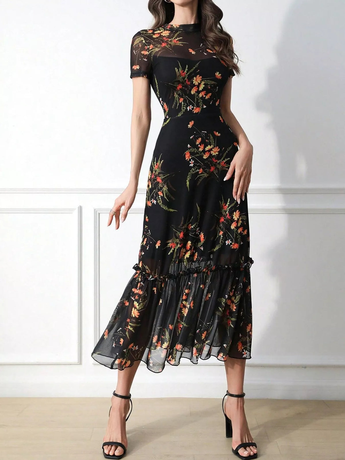 floral print sheer overlay midi dress with ruffle hem | dropsona - neutral - everyday use