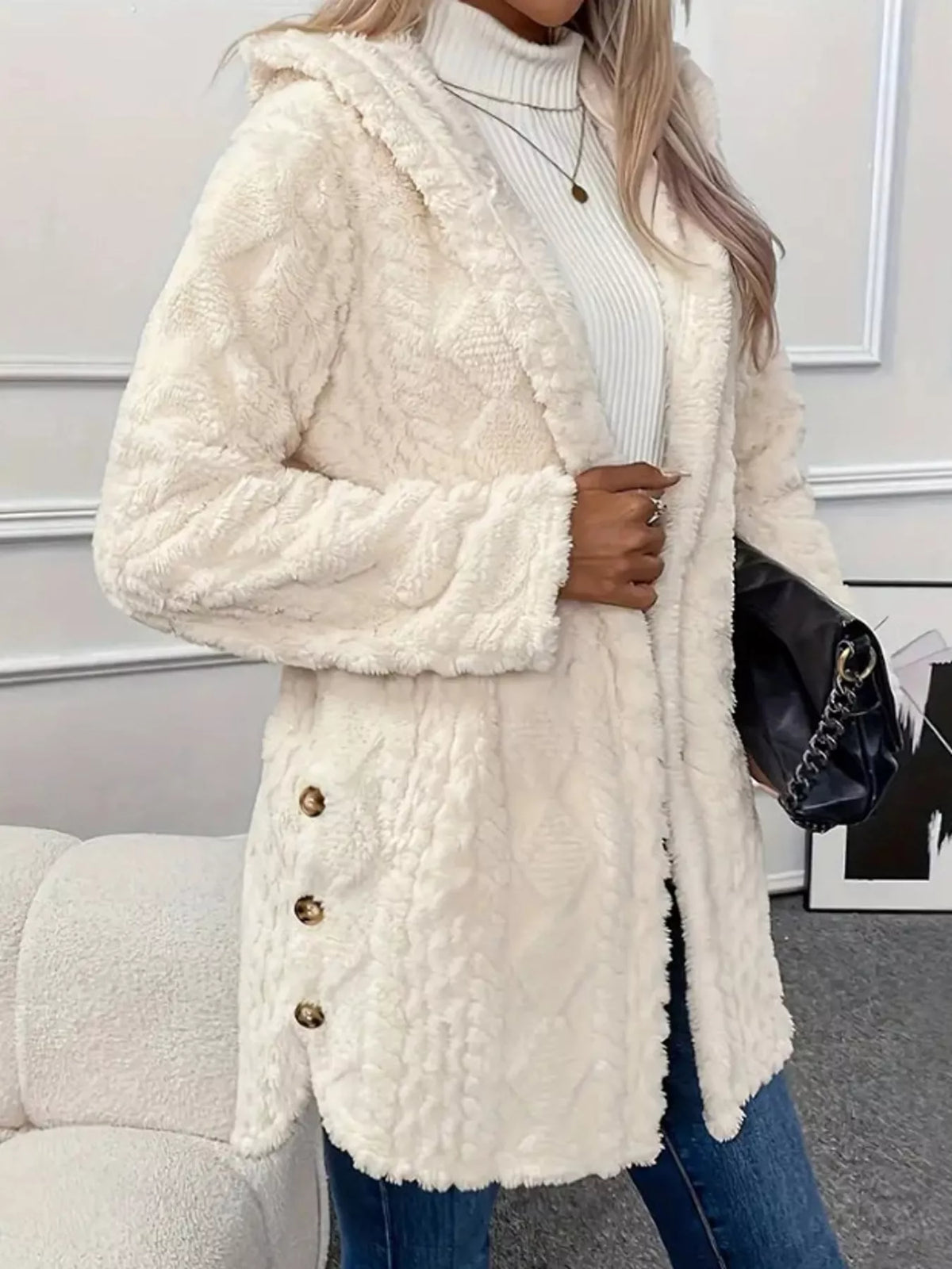 full size cozy cable-knit faux fur hooded outerwear | dropsona - neutral - everyday use