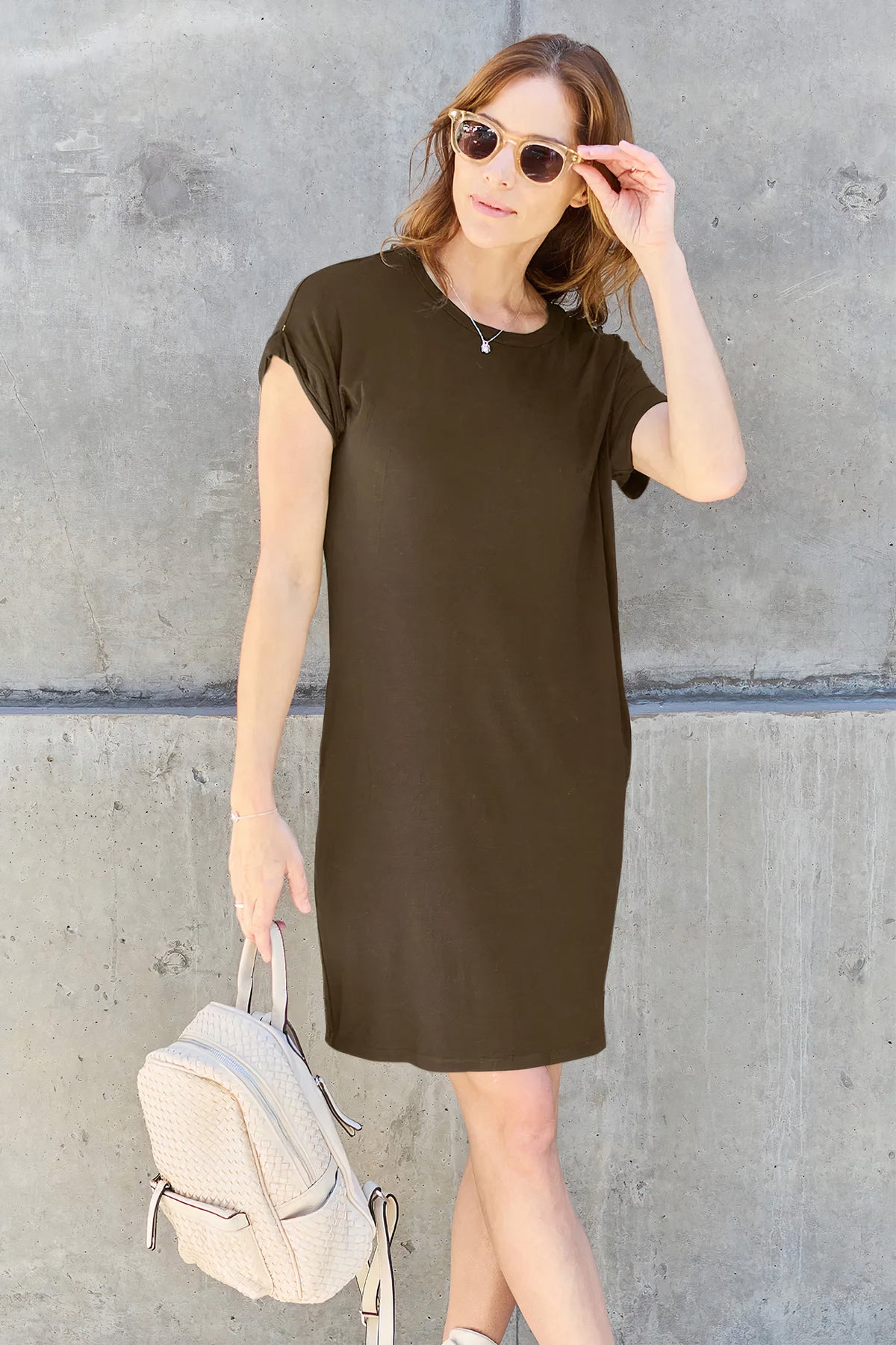 basic bae full size round neck short sleeve dress with pockets - everyday wear