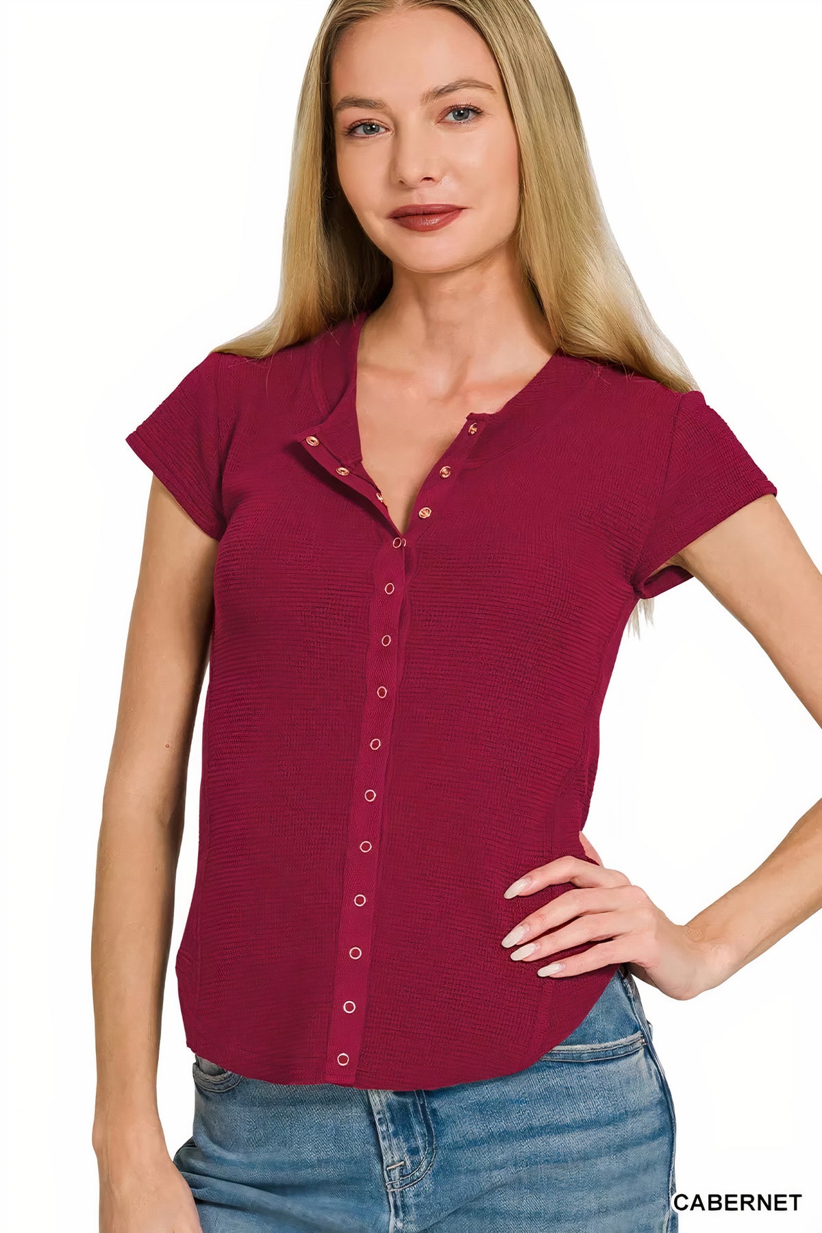 zenana double knit snap button short sleeve shirt - cabernet - everyday wear