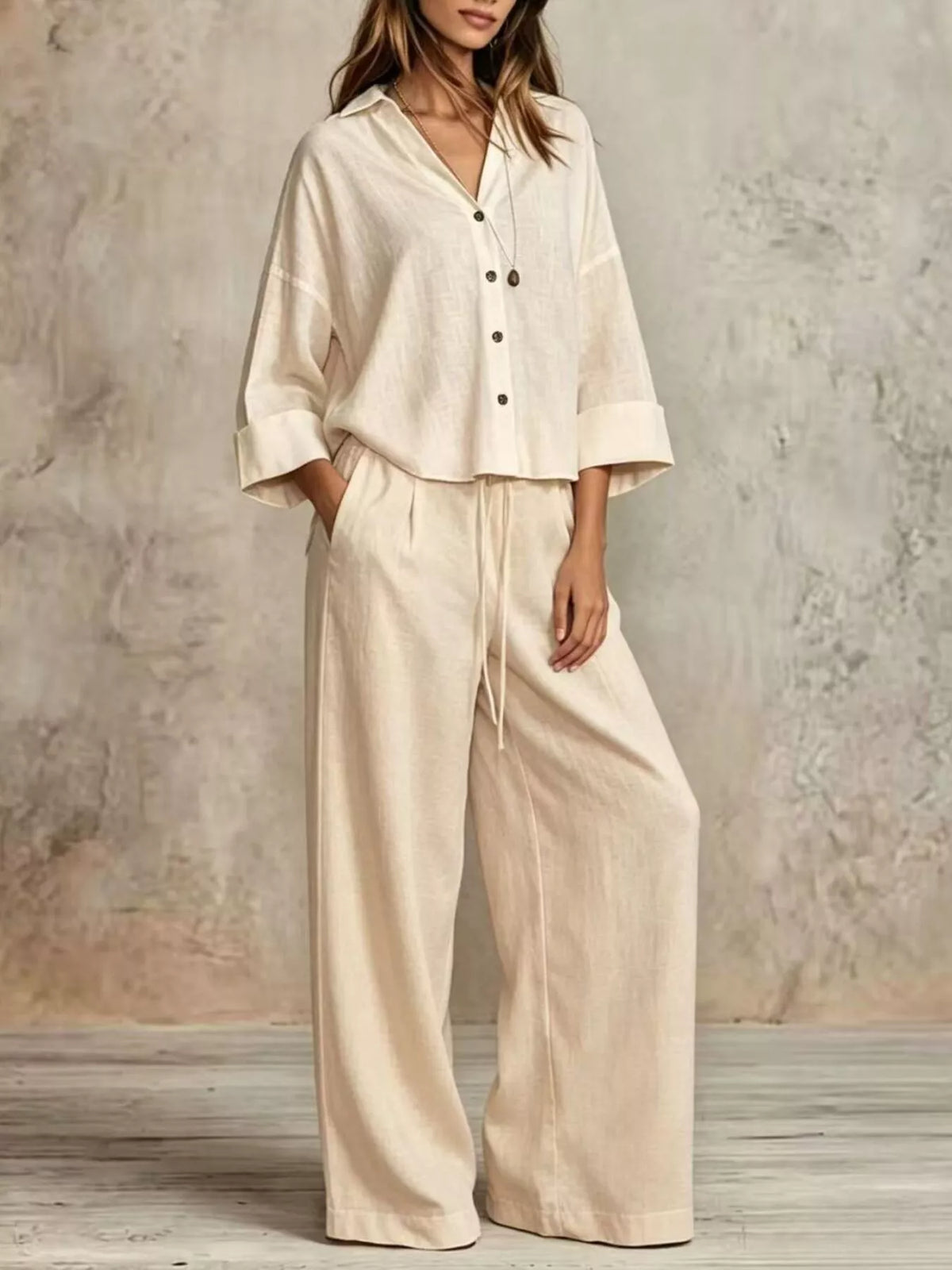 full size button-down shirt and wide-leg pants set | dropsona - neutral - everyday use