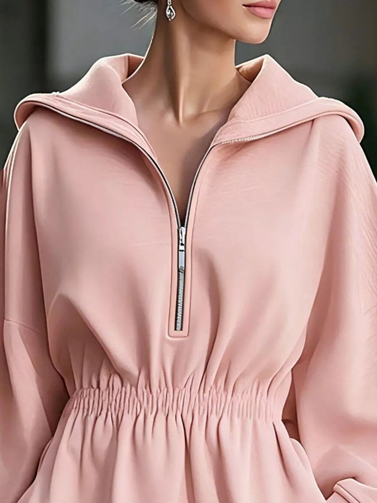 casual hooded quarter-zip sweatshirt dress | dropsona - neutral - front view
