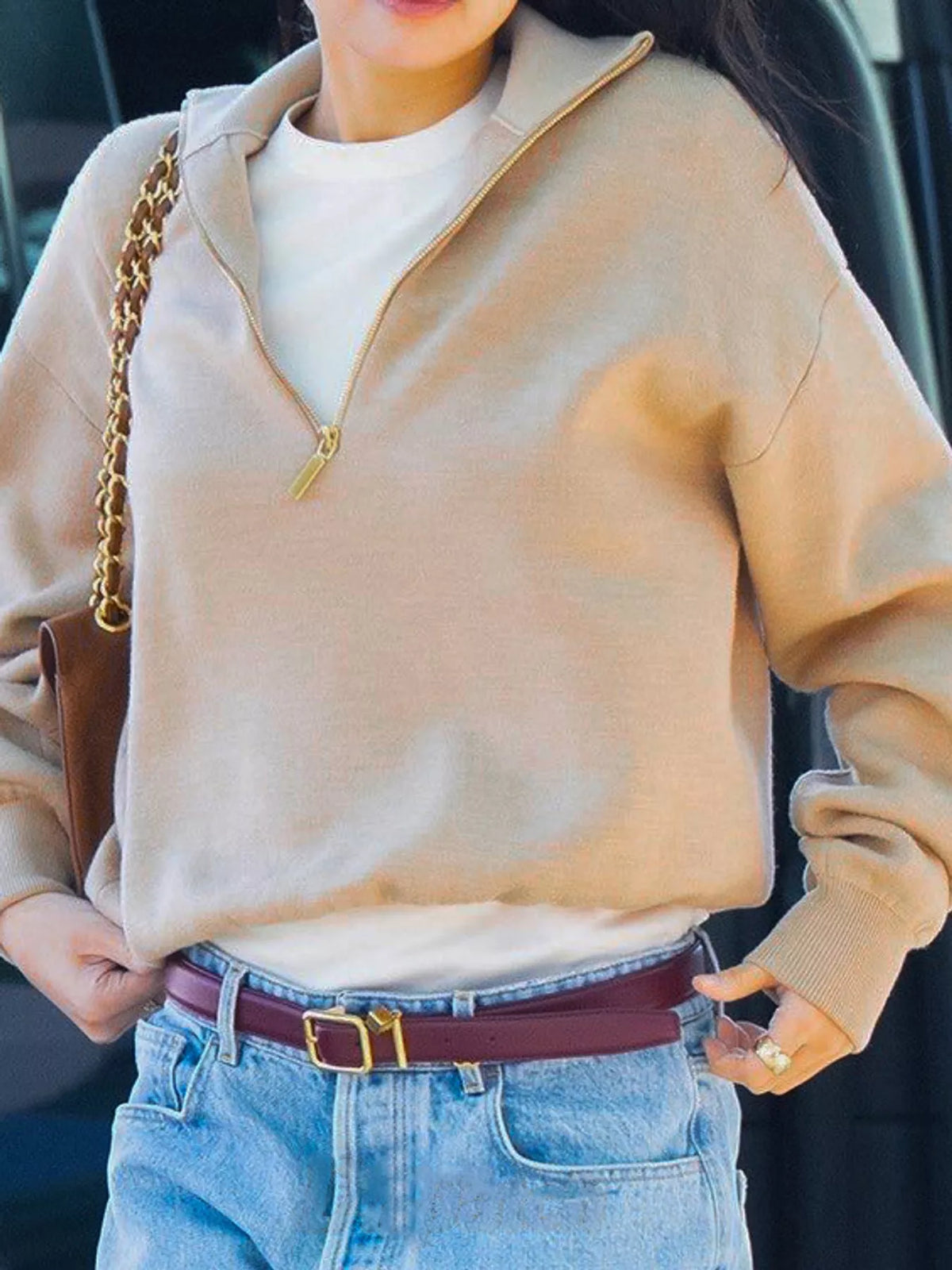 half-zip dropped shoulder sweater – zipper fit | dropsona - neutral - front view