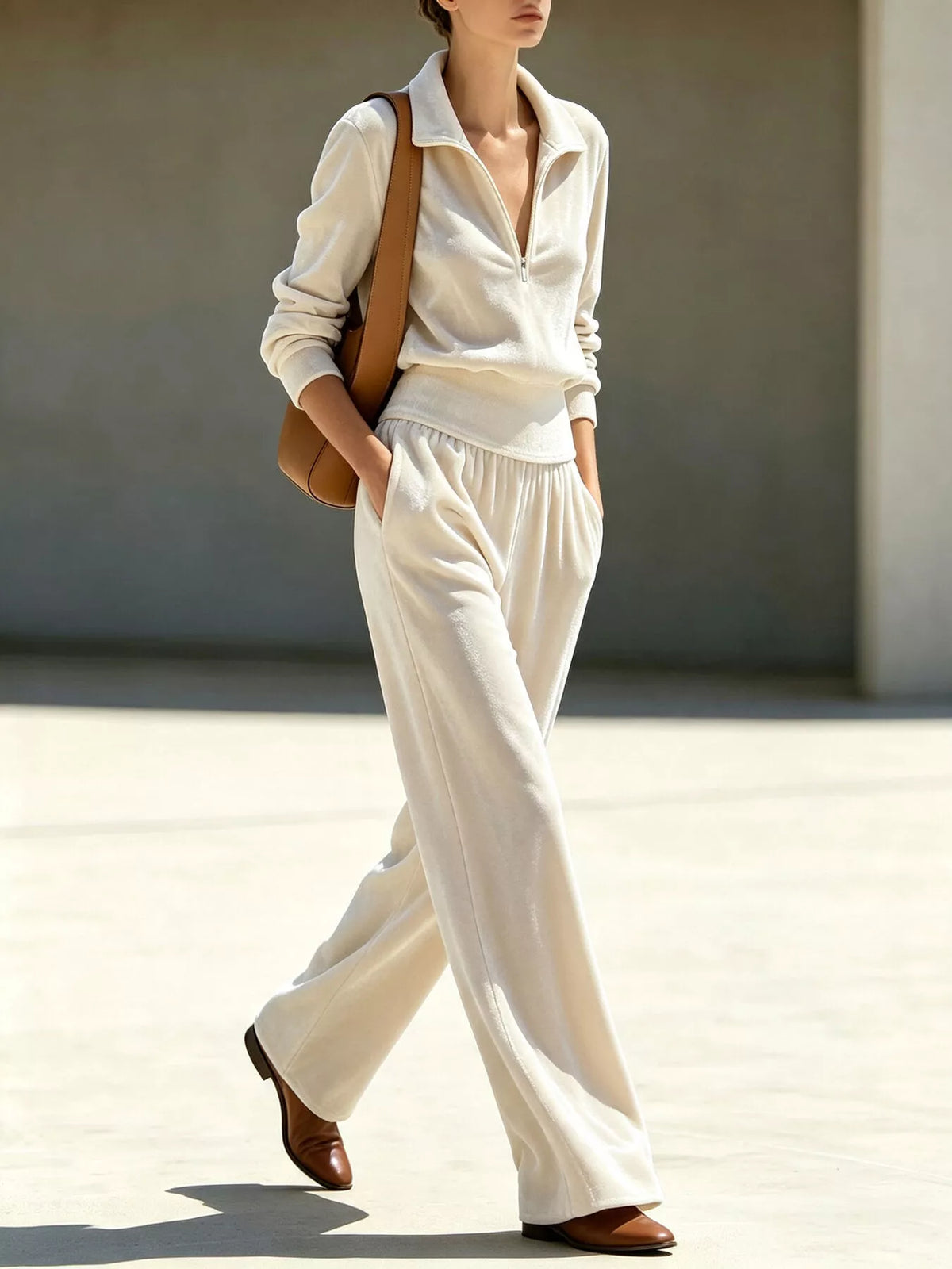 full size quarter-zip top and wide-leg pants set plus | dropsona - neutral - front view