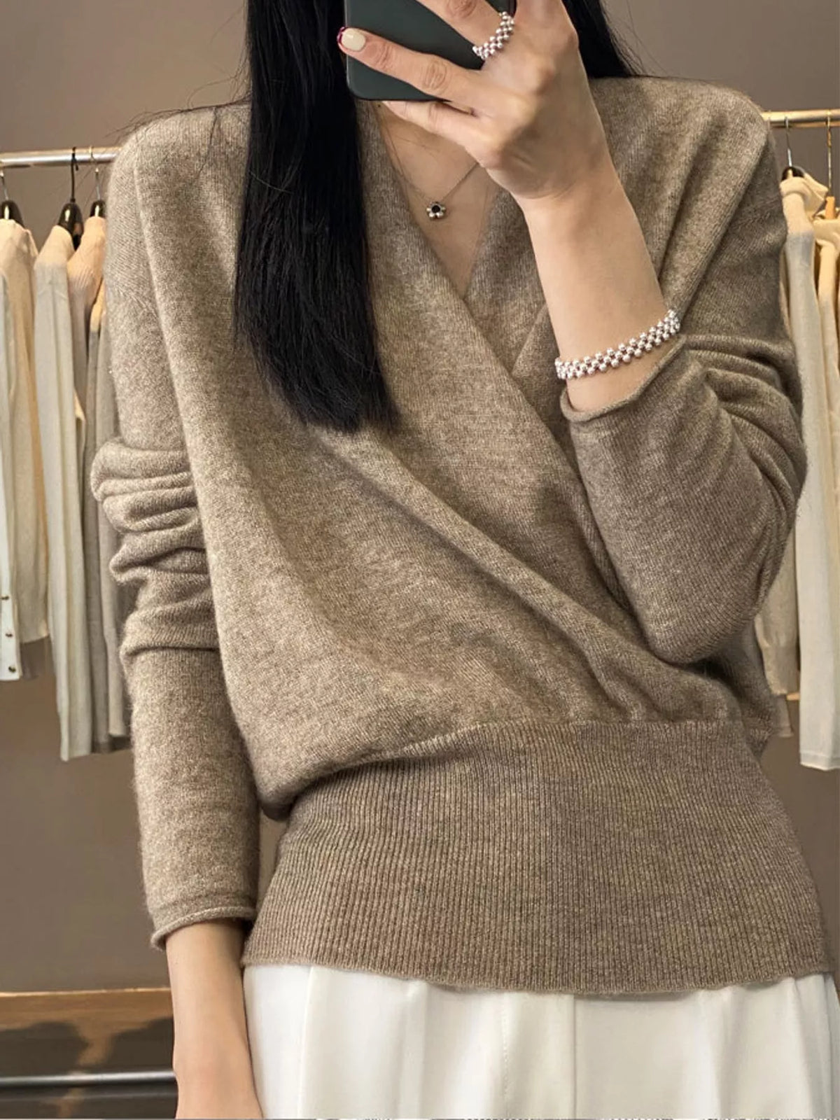 wrap-front long sleeve sweater – crisscross,ribbed fit | dropsona - neutral - front view