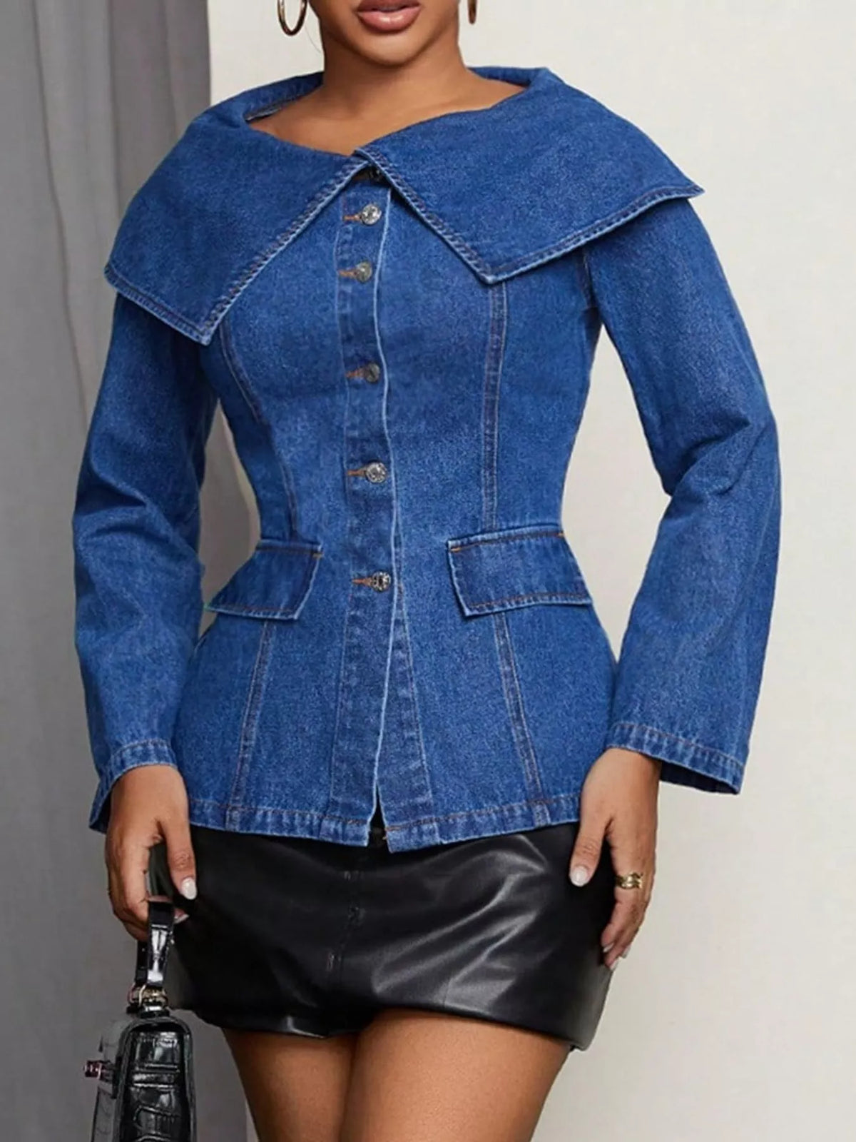 wide collar slim fit denim jacket | dropsona - neutral - front view