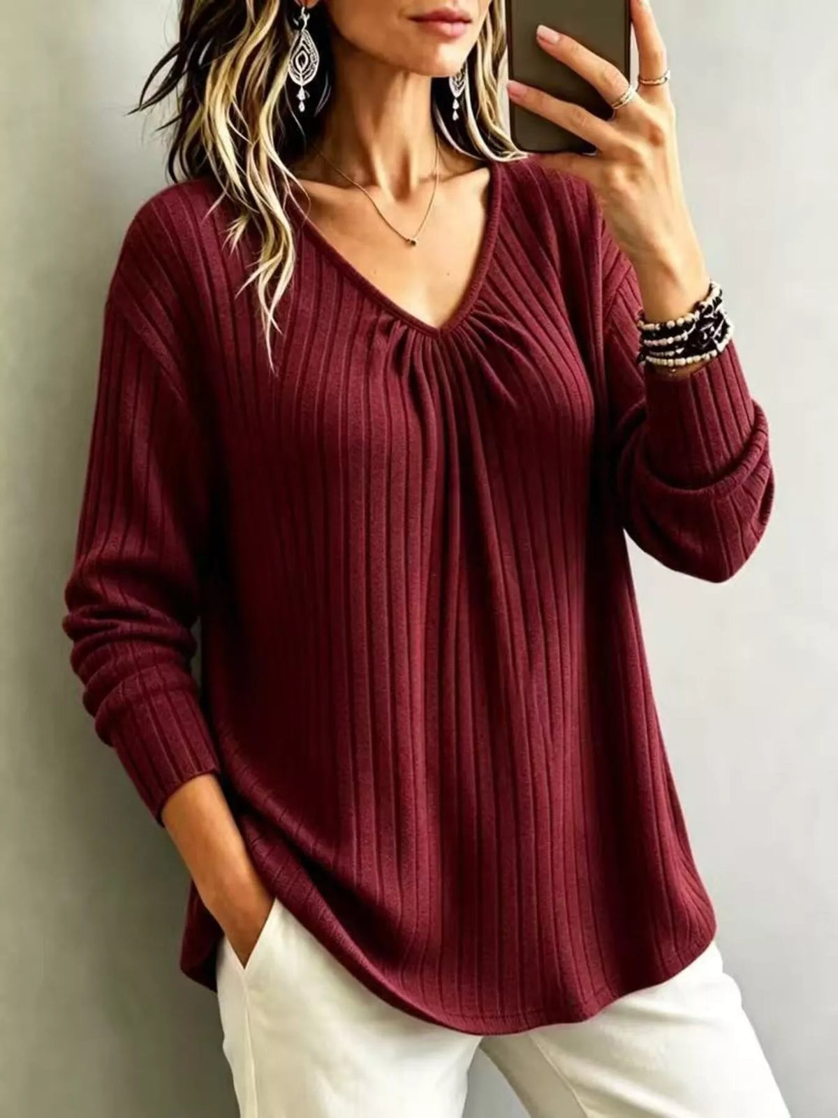 v-neck ribbed long sleeve t-shirt – | dropsona - neutral - everyday use