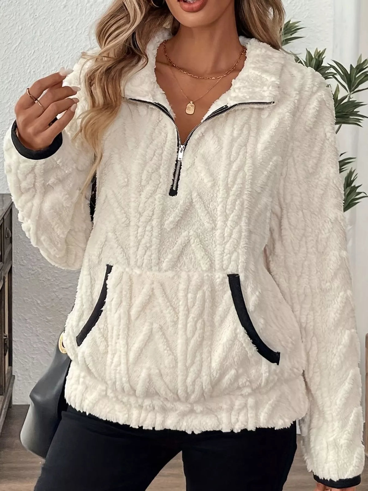 full size quarter-zip sherpa sweatshirt plus | dropsona - neutral - everyday use