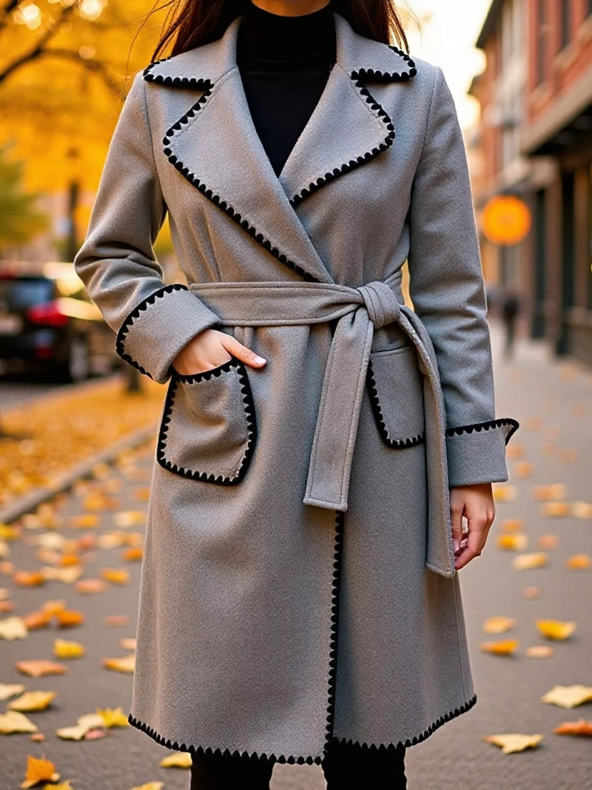 contrast scalloped trim trench coat | dropsona - neutral - everyday use