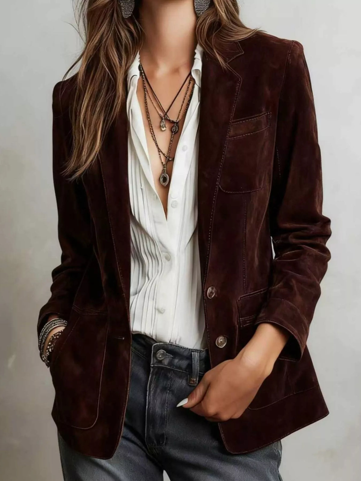 full size lapel collar button up blazer plus | dropsona - neutral - front view