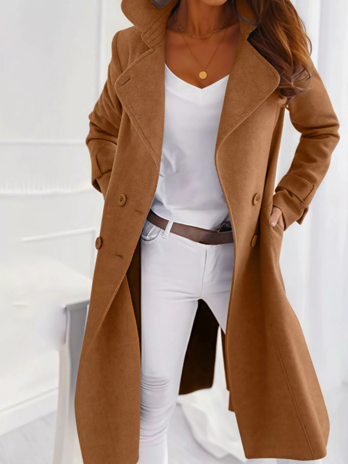 double-breasted long trench outerwear | dropsona - neutral - everyday use