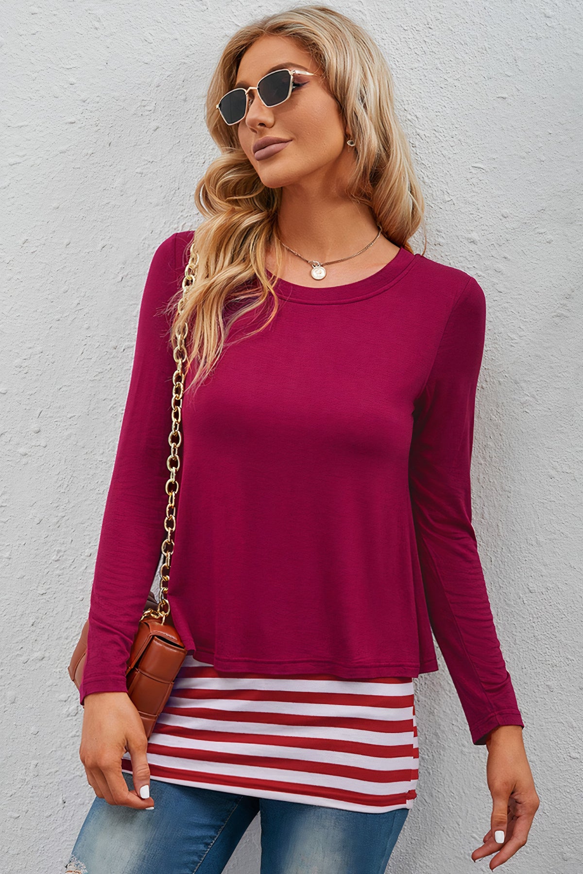 full size striped faux layered long sleeve top - everyday wear
