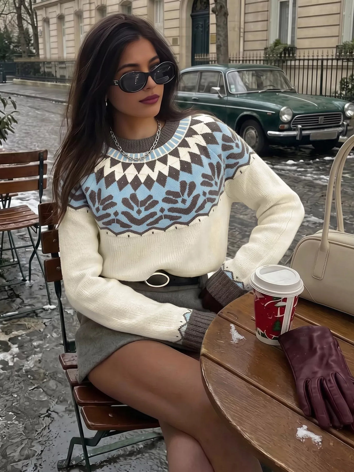 fair isle pattern round neck sweater – basic style | dropsona - neutral - everyday use