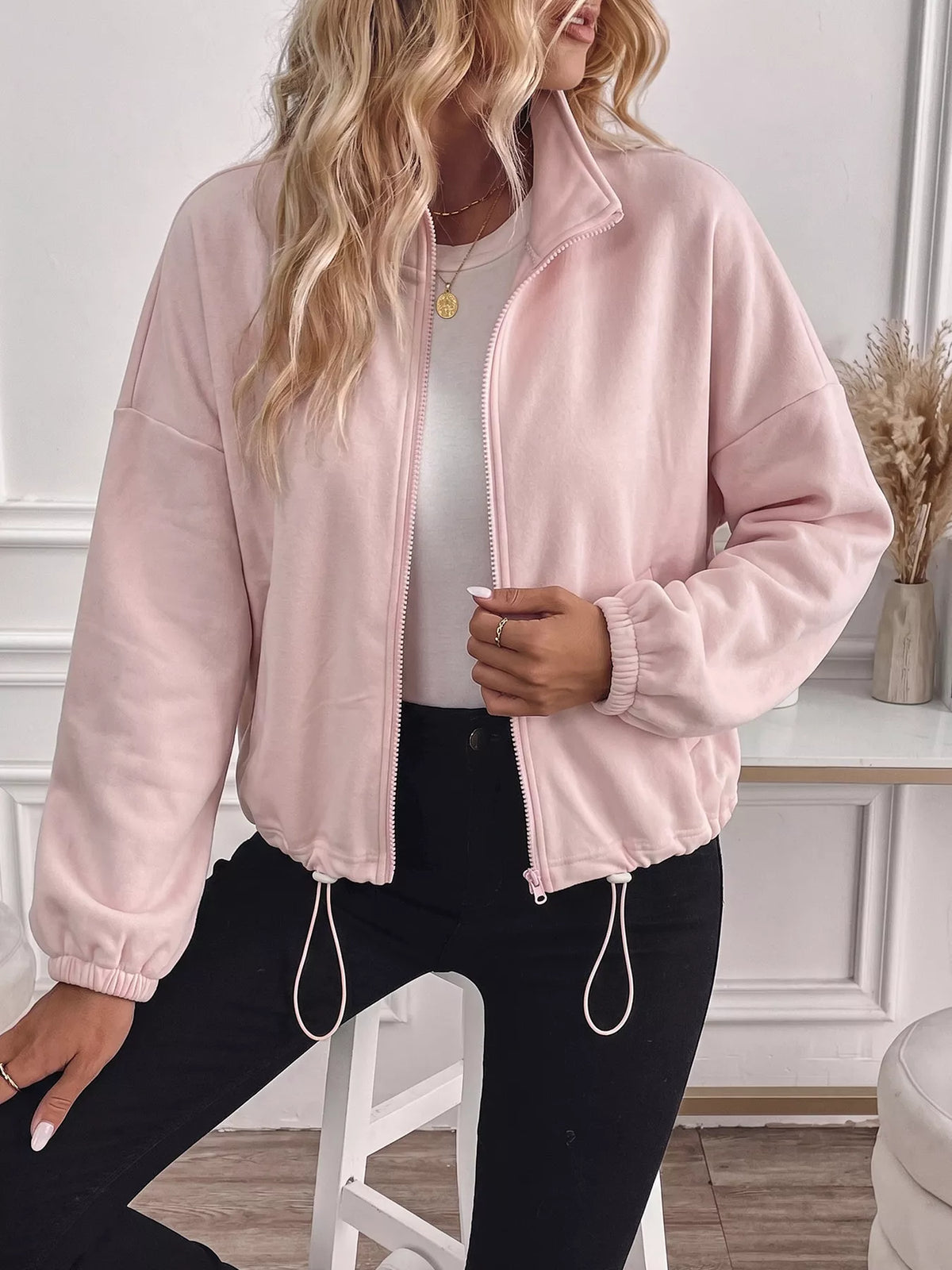 zip-up drawstring hem sweatshirt | dropsona - neutral - front view