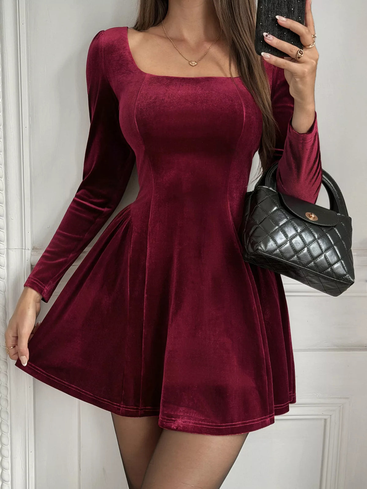 elegant velvet square neck long sleeve mini dress | dropsona - neutral - front view