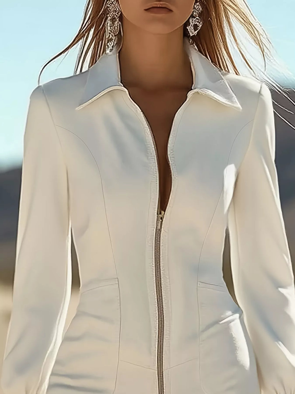 zip-front long sleeve fringe hem mini dress | dropsona - neutral - front view