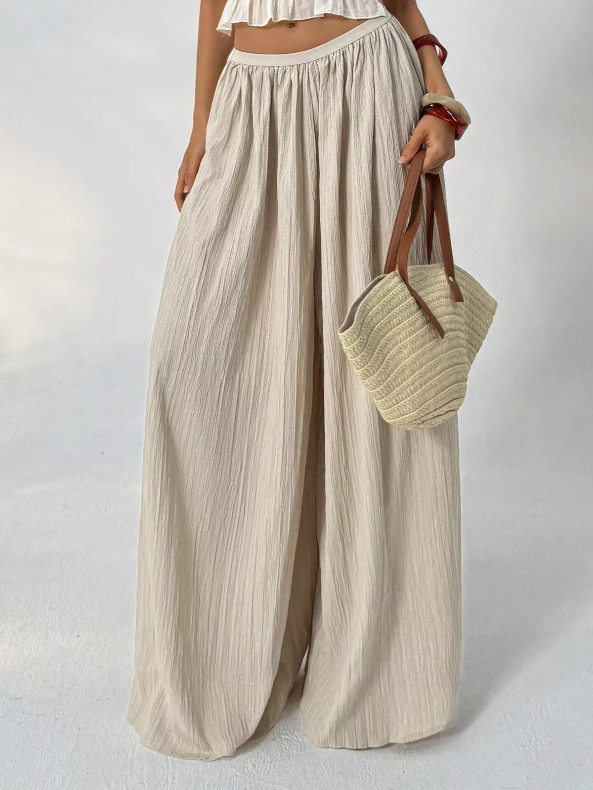 high-waisted wide-leg pleated casual pants | dropsona - neutral - front view
