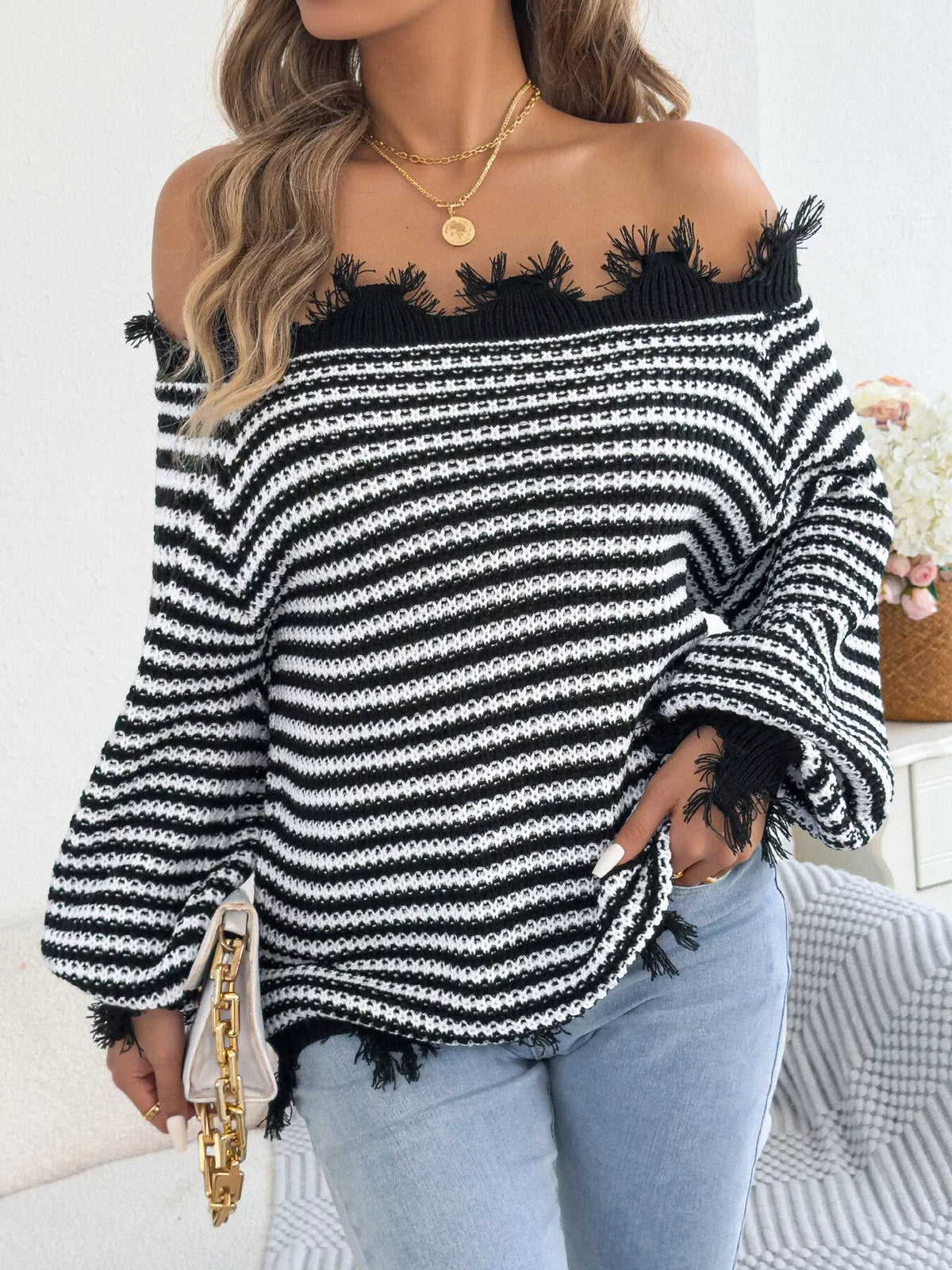 off-shoulder frayed hem striped sweater – raw | dropsona - neutral - everyday use