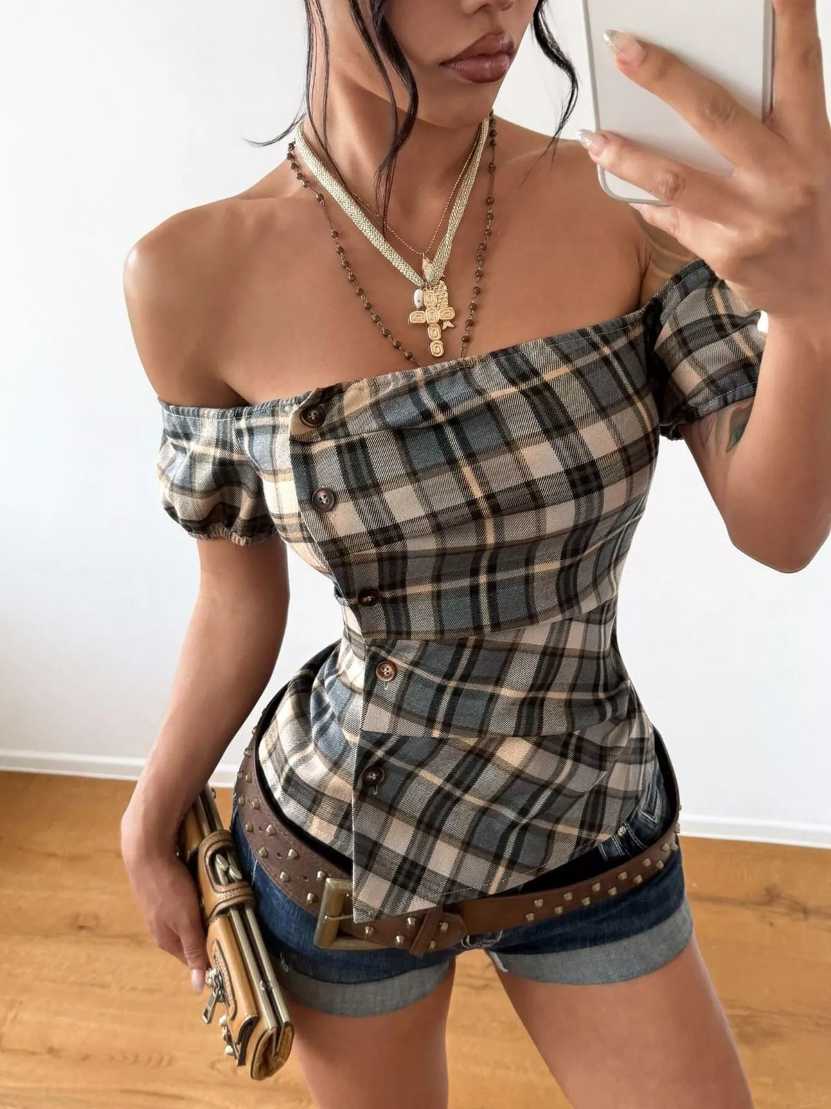 off-shoulder plaid blouse – buttoned,asymmetrical | dropsona - neutral - everyday use