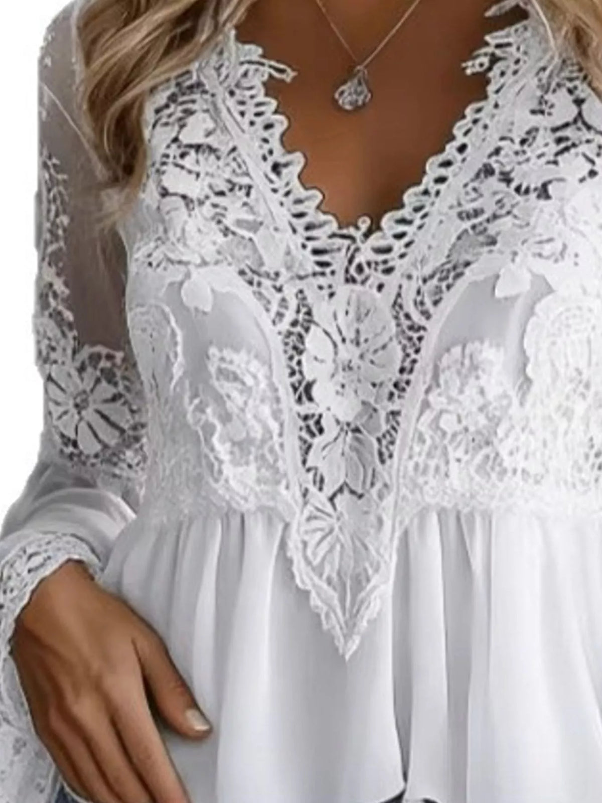lace v-neck long sleeve blouse with peplum hem | dropsona - neutral - front view