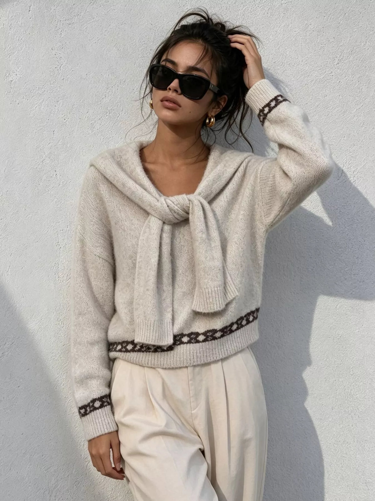 scarf detail dropped shoulder sweater – basic style | dropsona - neutral - front view