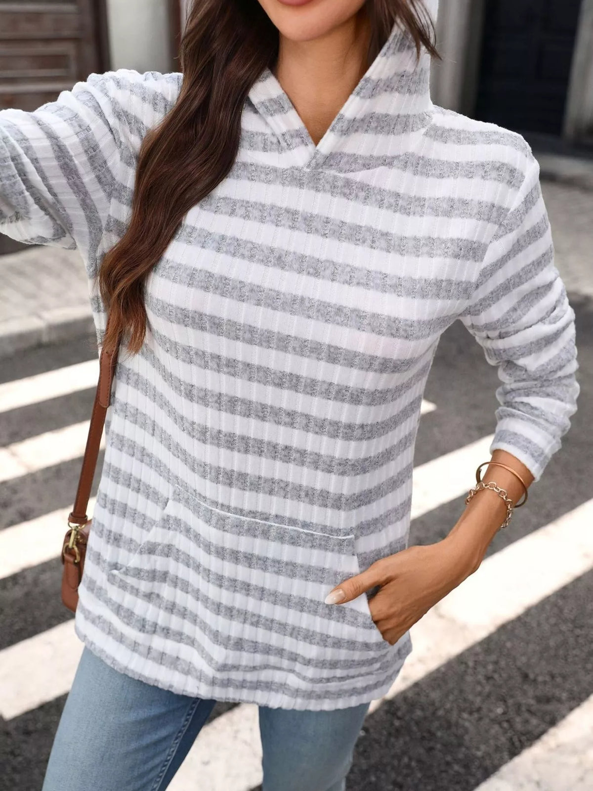 casual striped ribbed knit hoodie with kangaroo pocket | dropsona - neutral - front view