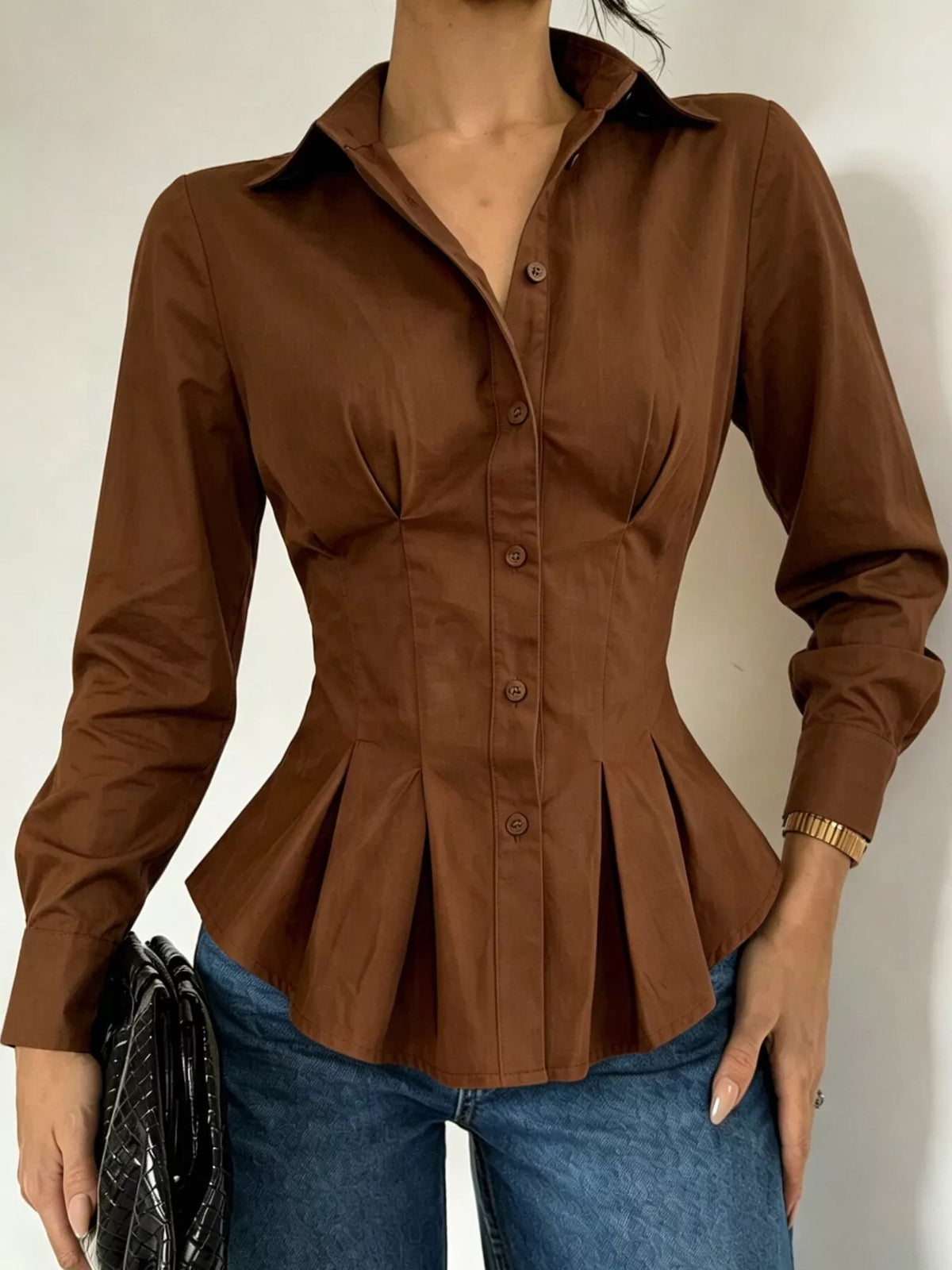 button-down peplum blouse with fitted waist | dropsona - neutral - everyday use